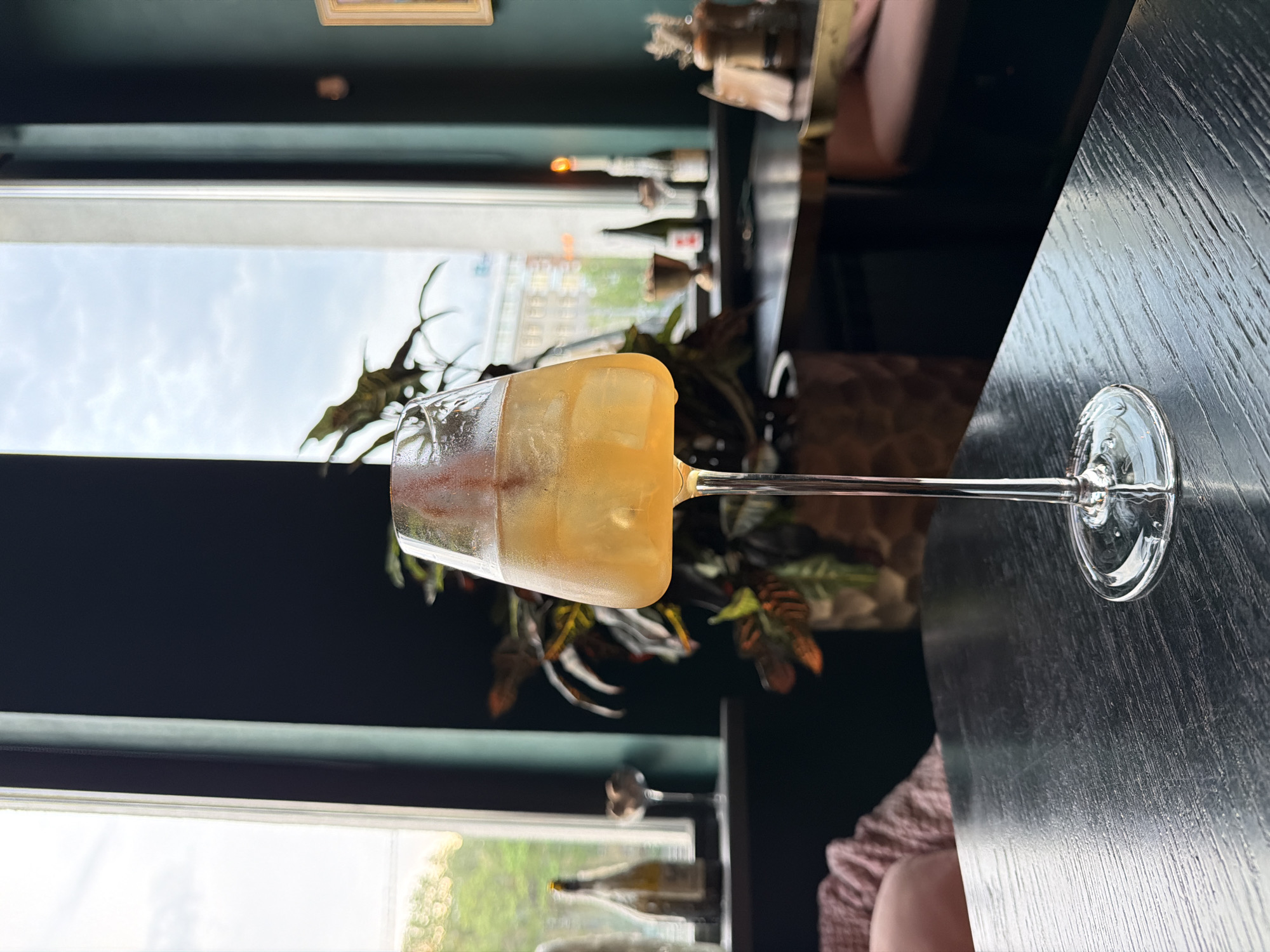 A long-stemmed glass filled with an amber-colored beverage rests on a dark, textured table. The glass is positioned horizontally, with the base of the stem extending towards the right edge of the frame. The drink appears to have a layer of foam or a frothy head at the top, above the amber liquid. Behind the glass, a blurred background includes greenery, possibly from a potted plant, and a glimpse of daylight filtering through a window. The overall lighting is somewhat subdued, creating shadows that emphasize the texture of the table and the shape of the glass. The location is in the city of Unknown, Unknown.