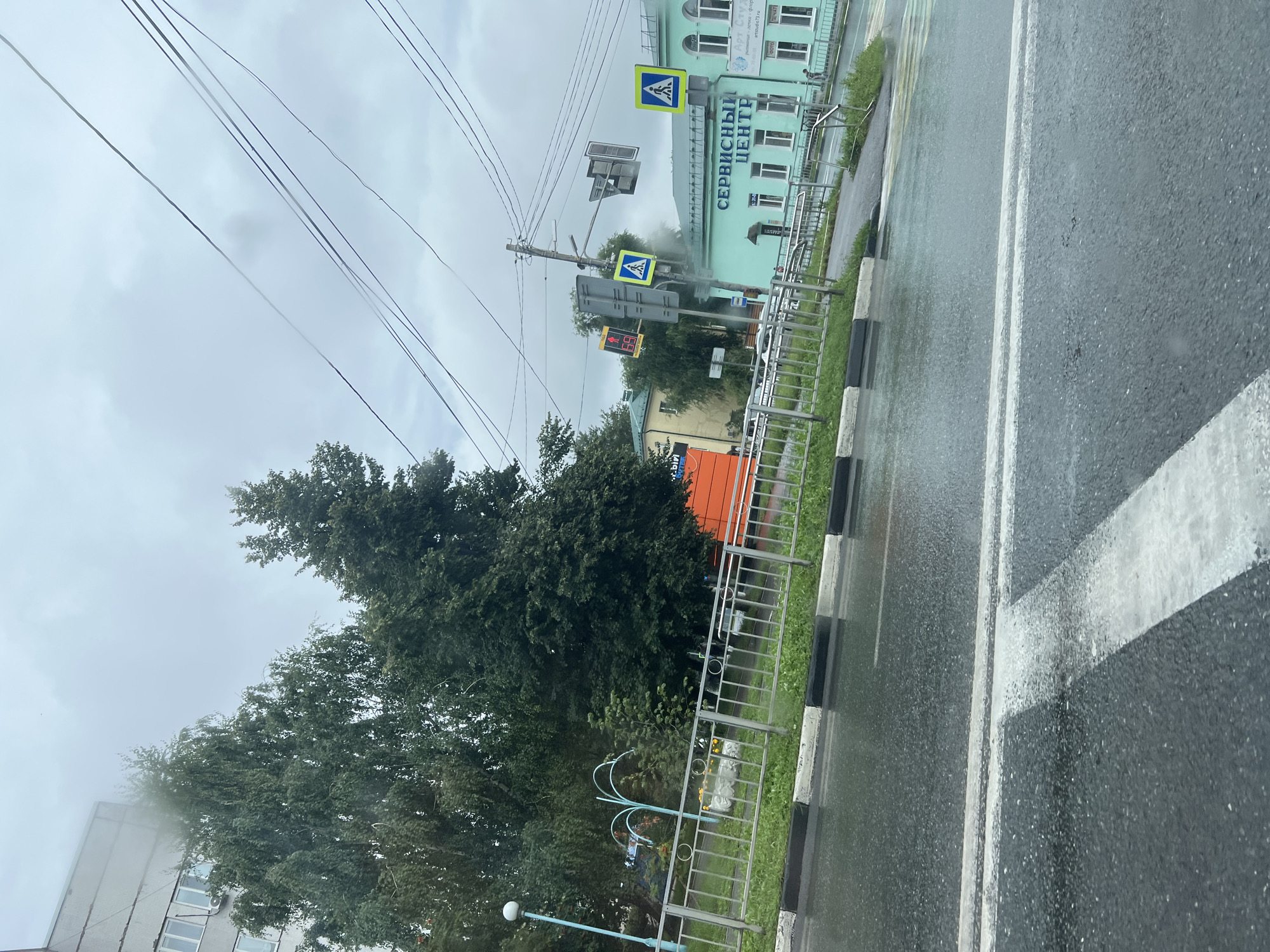 The image depicts a wet street scene in Ulyanovsk, Russia, on an overcast day, possibly during or after rain. The foreground shows a wet asphalt road with white pedestrian crossing lines. A metal fence with green grass behind it borders the road. In the mid-ground, there are trees, a lamppost, and buildings. One building is light blue with arched windows and signage that reads "СЕРВИСНЫЙ ЦЕНТР" (Service Center). Another building is orange. Traffic lights and pedestrian crossing signs are visible. Power lines are strung across the sky. The sky is cloudy and grey.