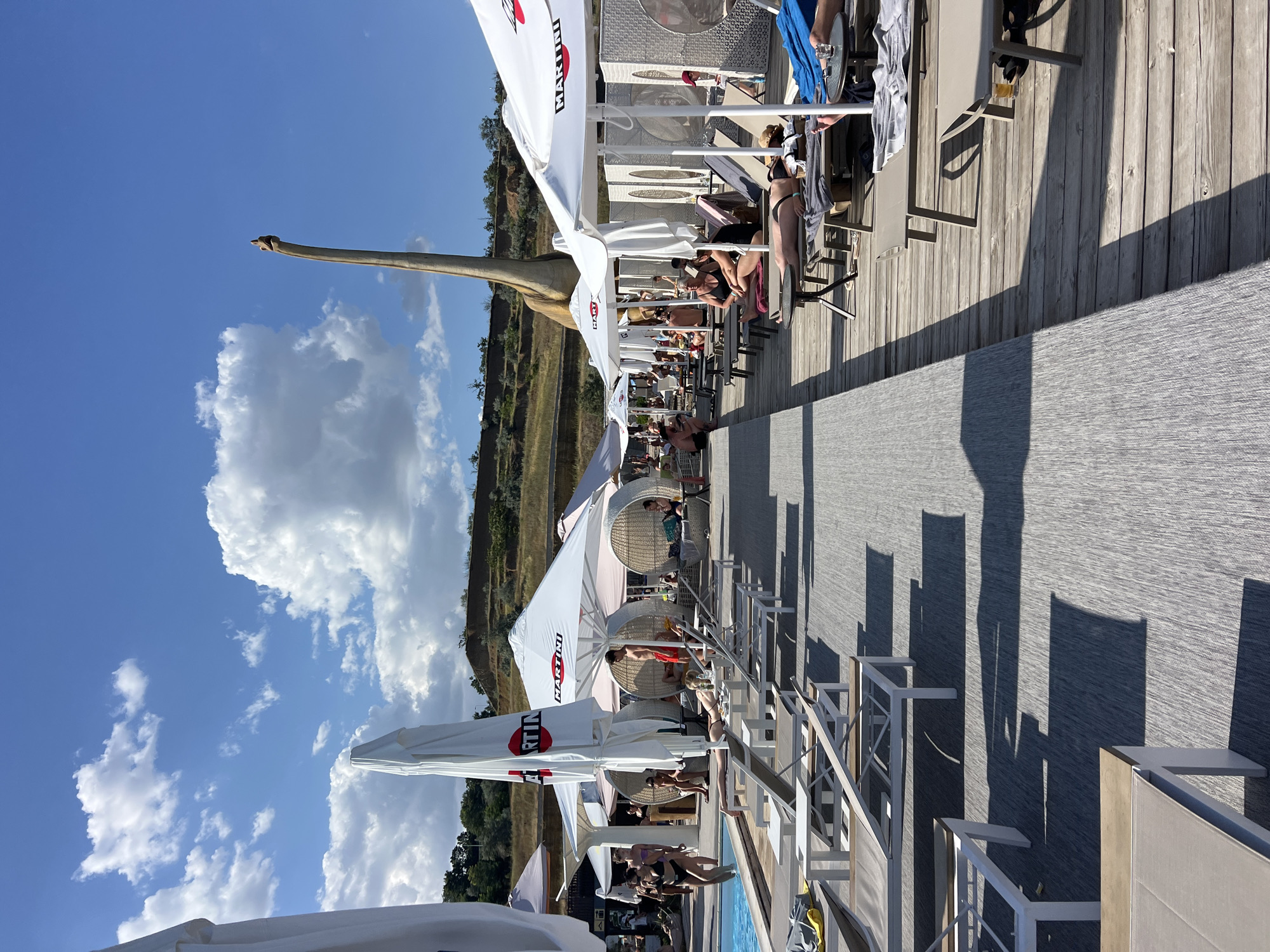 The image depicts a sunny day at a beach resort in Odesa, Ukraine, likely on the Black Sea coast. The scene is a vibrant outdoor relaxation area with a pool and lounge chairs. Several white umbrellas, some with "MARTINI" branding, provide shade. People are scattered throughout the area, some swimming in the turquoise pool, others lounging on sunbeds, and a few are standing or walking. In the background, a large dinosaur statue, possibly a Brontosaurus, stands tall against the blue sky with scattered clouds, adding a unique, playful element to the resort. The resort appears to be situated on a slope, with hilly terrain visible behind the dinosaur statue. The overall atmosphere is one of leisure and enjoyment.