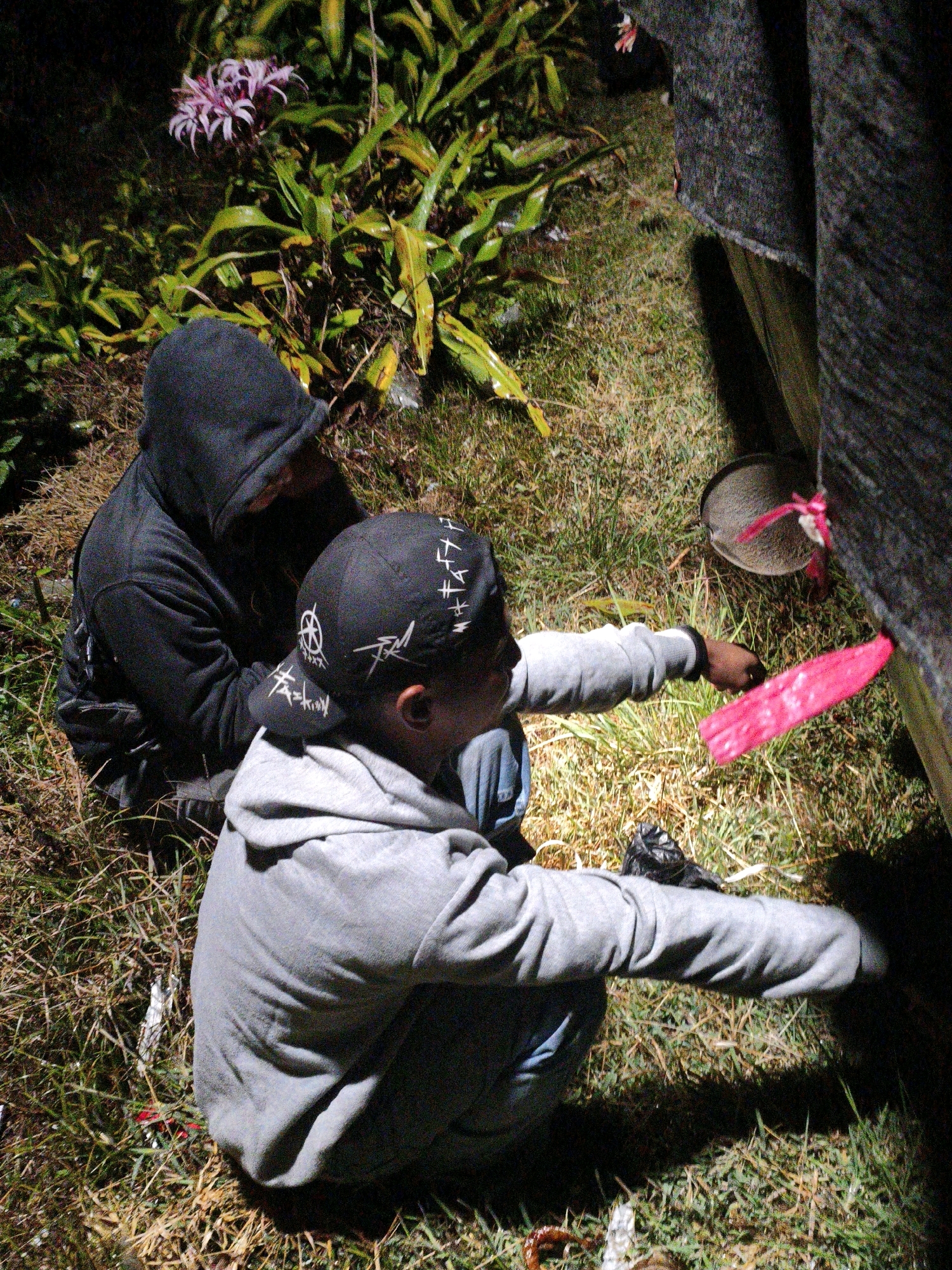 In Sungai Jambu, Indonesia, two individuals are positioned on the grass in what appears to be an outdoor, nighttime setting. One person, wearing a black hooded jacket and a black baseball cap with white markings, is crouched. The other person, wearing a grey hooded sweatshirt and blue jeans, is also crouched and reaching towards a dark, textured object, possibly a wall or structure. This individual is holding a bright pink, ribbon-like object. Adjacent to the dark object, there is a woven hat-like item, and another pink ribbon is attached to the dark object. The ground is covered with grass and dry leaves, and foliage is visible in the background, with a cluster of purple flowers blooming. The lighting suggests artificial illumination.
