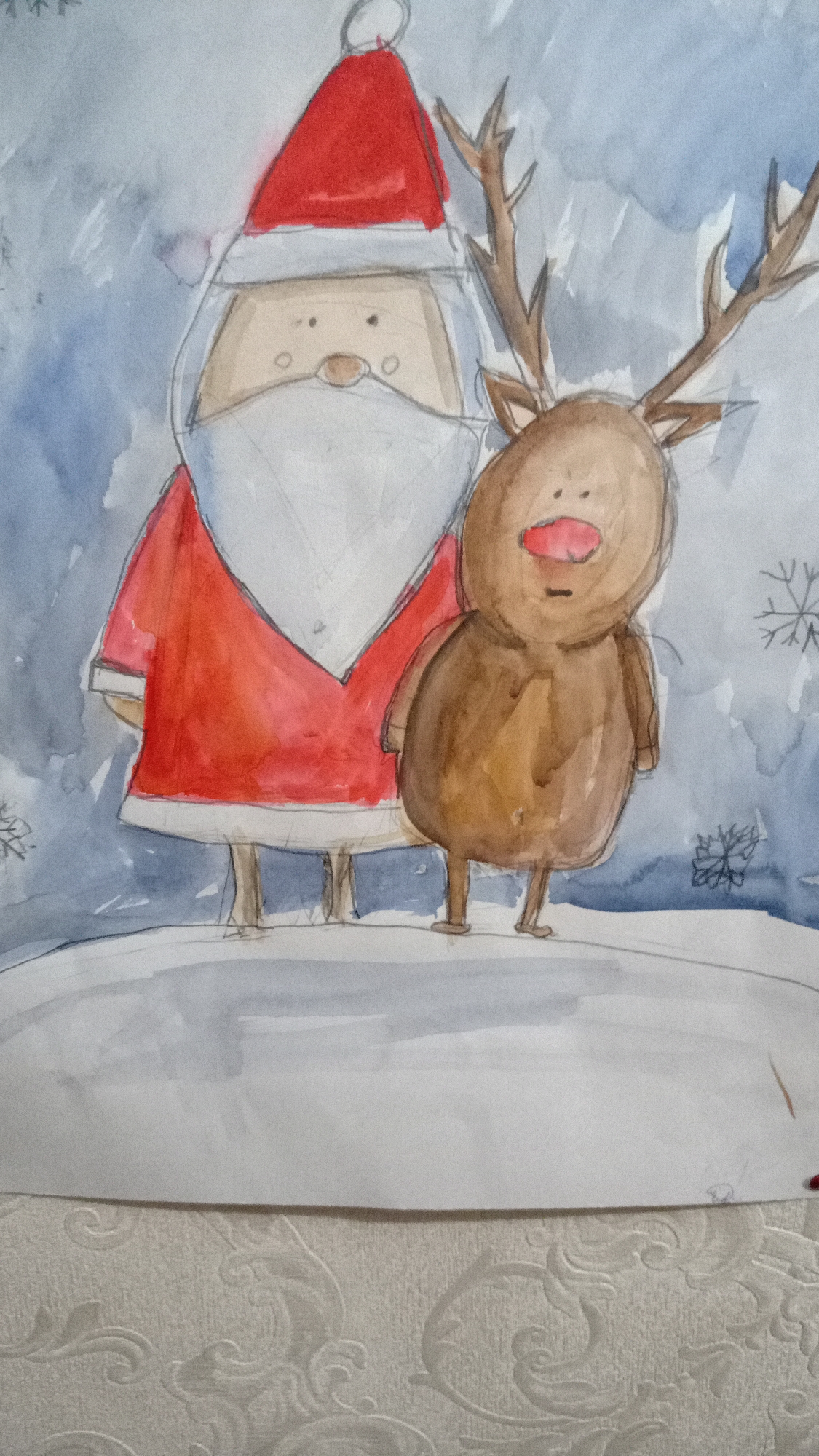 The image is a watercolor painting of Santa Claus and Rudolph the Red-Nosed Reindeer. Santa wears a red hat and coat, with a white beard and trim. Rudolph is brown with large antlers and a red nose. They stand on a snow-covered hill against a light blue background with snowflakes. No evidence suggests the image is related to Yerevan, Armenia. The background in the bottom part of the image is a textured material.