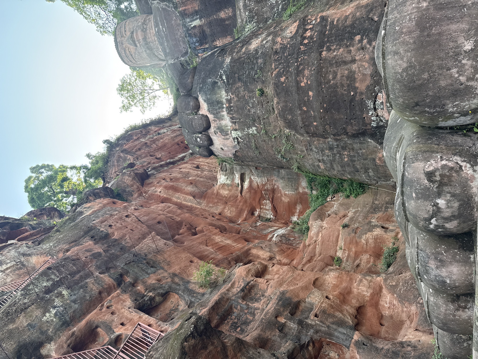 The image depicts the Leshan Giant Buddha, carved out of a cliff face in Shizhong, China. The Buddha is prominently visible, extending vertically along the right side of the frame. It is made of stone and covered in dark discoloration, possibly from age and weathering. To the left of the Buddha is the cliff face with reddish-brown and gray coloration, including staircases that allow visitors to climb. The sky is visible at the top of the image, with trees growing from the upper part of the cliff.