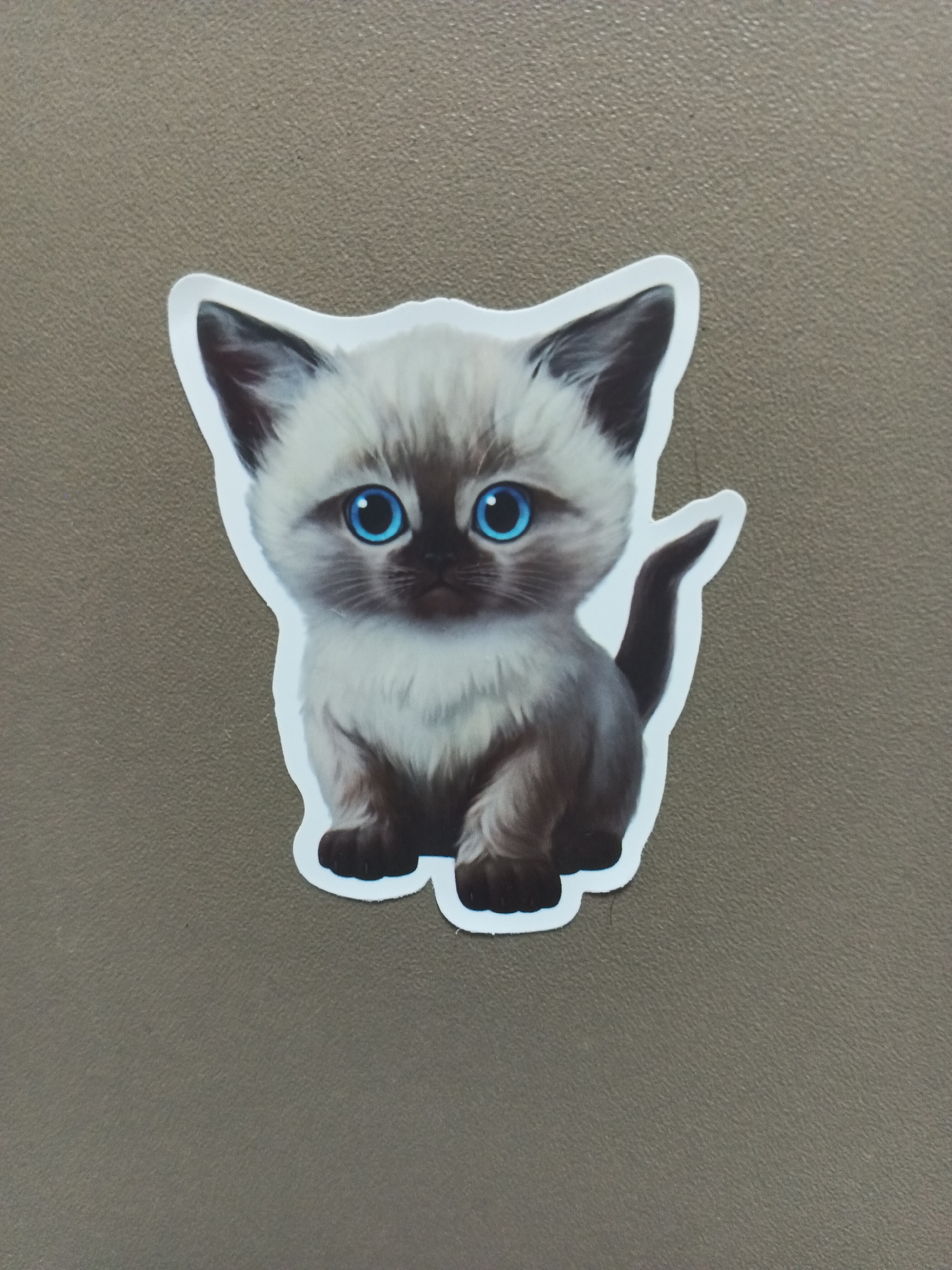 A sticker of a fluffy Siamese kitten with bright blue eyes is affixed to a textured, brown surface. The kitten is sitting upright, facing forward, with its tail curled behind it. The background is a uniform, neutral brown, suggesting an indoor setting like a desk or wall. The sticker has a white border, separating it from the background.