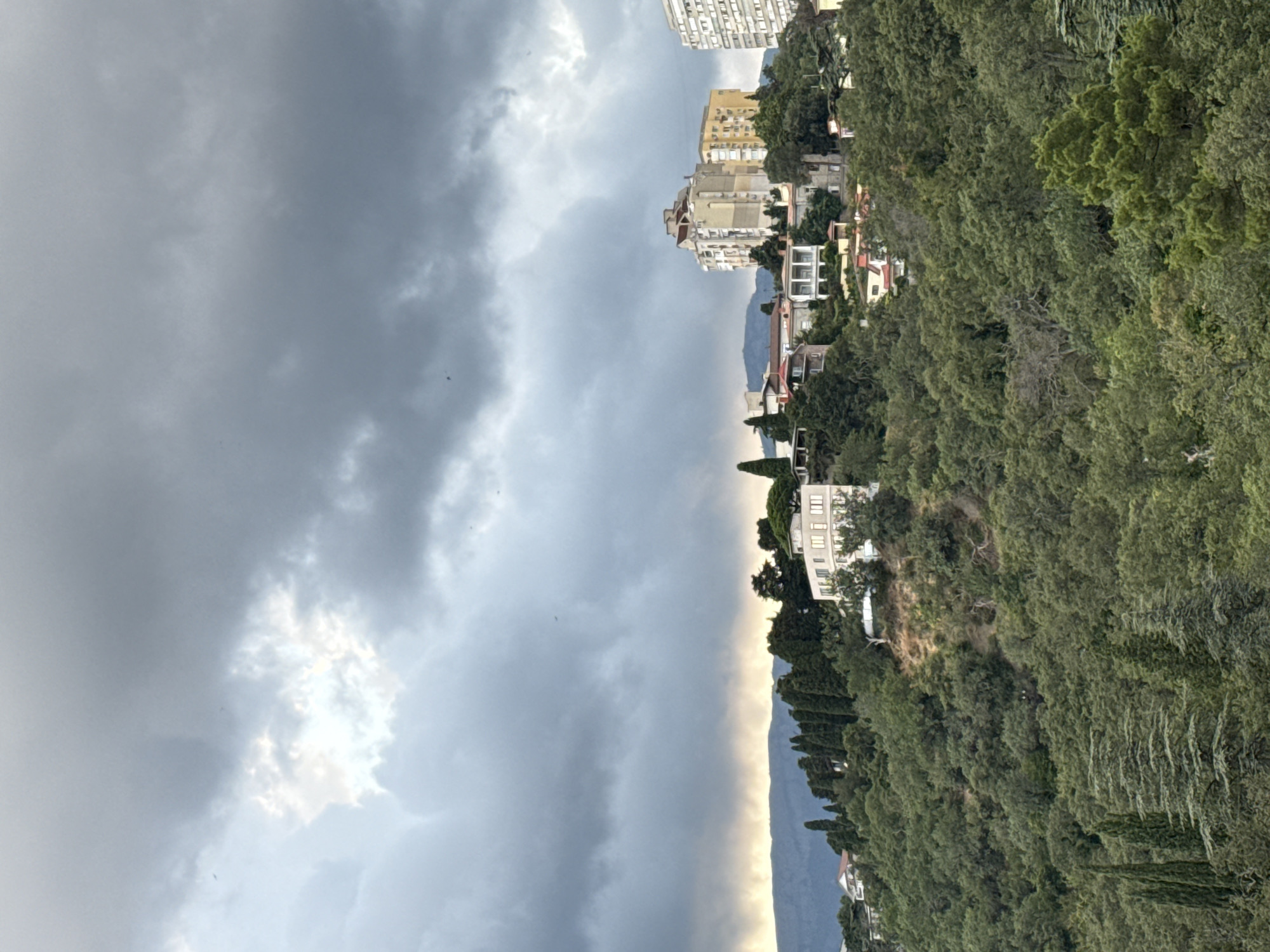 The image captures a hillside vista in Yalta, Ukraine, under a dramatic, cloudy sky. Numerous buildings of varying architectural styles are scattered across the densely wooded slope. The foreground is dominated by lush green trees, with cypress trees adding vertical accents. In the mid-ground, several multi-story residential buildings are visible, some with flat roofs and others with sloped, tiled roofs. One building, larger and more prominent, features a yellow facade with several balconies. The background shows a hazy mountain range against a lighter sky, suggesting distance and perhaps the sea. The overall impression is one of a coastal city nestled within a verdant, hilly landscape, with the weather contributing to a somewhat somber mood.