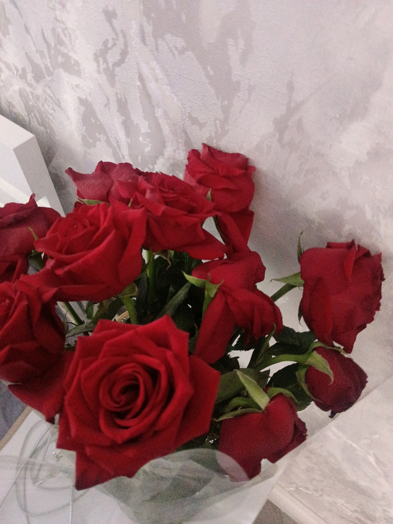The image shows a bouquet of red roses against a textured, light-colored wall. The roses are the main subject, with several blooms in various stages of opening, displaying deep red petals. Some green leaves and stems are visible among the flowers. The background wall has a subtle pattern or texture that appears to be wallpaper or a similar material. A white geometric object is partially visible on the left side of the frame, and a translucent material, possibly cellophane or wrapping, is present around the base of the bouquet. The lighting appears to be artificial, casting soft shadows and highlighting the texture of the roses and the wall. There are no people or discernible actions taking place. The scene is indoors, and no specific location in Pavlodar, Kazakhstan can be identified from the visual information provided.