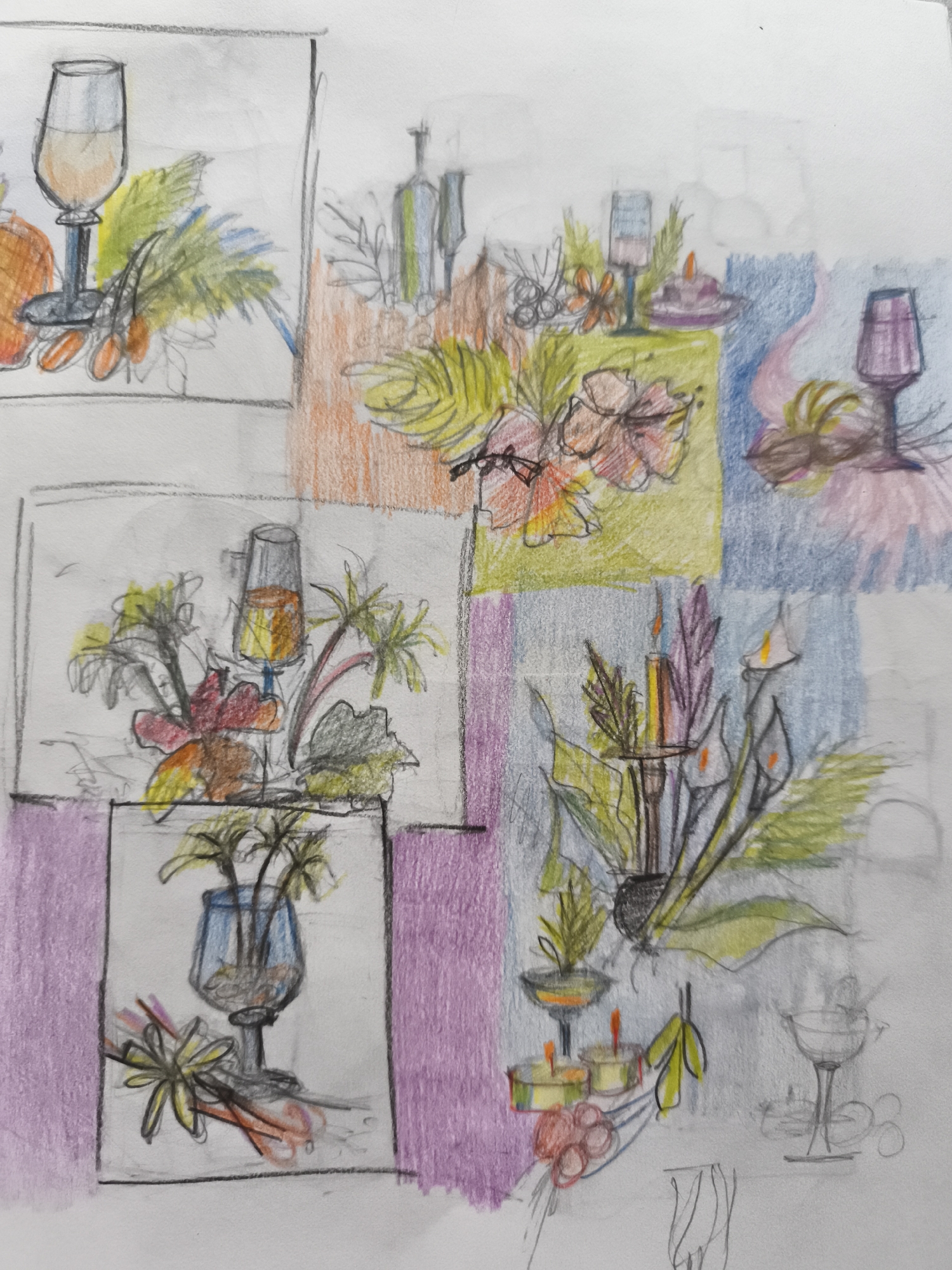 The image is a colored pencil sketch of a still life arrangement. The sketch is divided into several rectangular sections, each depicting a different part of the composition.
In the upper left section, a wine glass filled with a light-colored liquid sits next to a round, orange object that resembles a pumpkin. Behind the glass and pumpkin are green and blue foliage.
The section to its right shows two bottles, one green and one blue, standing behind a cluster of green leaves and flowers in shades of orange, red, and yellow. A small pink dish with a candle is also visible.
The middle left section features another wine glass, this one filled with an orange liquid, surrounded by red, yellow, and green foliage.
The center section displays a candlestick with lit candles, surrounded by purple and green foliage, and white calla lilies. Below this, there are three small tealight candles and a cluster of red berries.
The bottom left section shows a glass vase filled with greenery, sitting in front of a purple background. In front of the vase are some yellow and orange floral elements and what appear to be orange sticks.
The middle right section contains a glass with a pinkish hue, positioned on a pink curved shape and surrounded by brown and yellow elements.
The bottom right section shows an empty wine glass on a circular base.
The overall impression is a collection of decorative elements, possibly for a table setting or a floral arrangement, rendered in a loosely sketched and colored style. The sketch is done on white paper and shows no signs of specific location. Therefore, it cannot be linked to Saint-Denis, France.