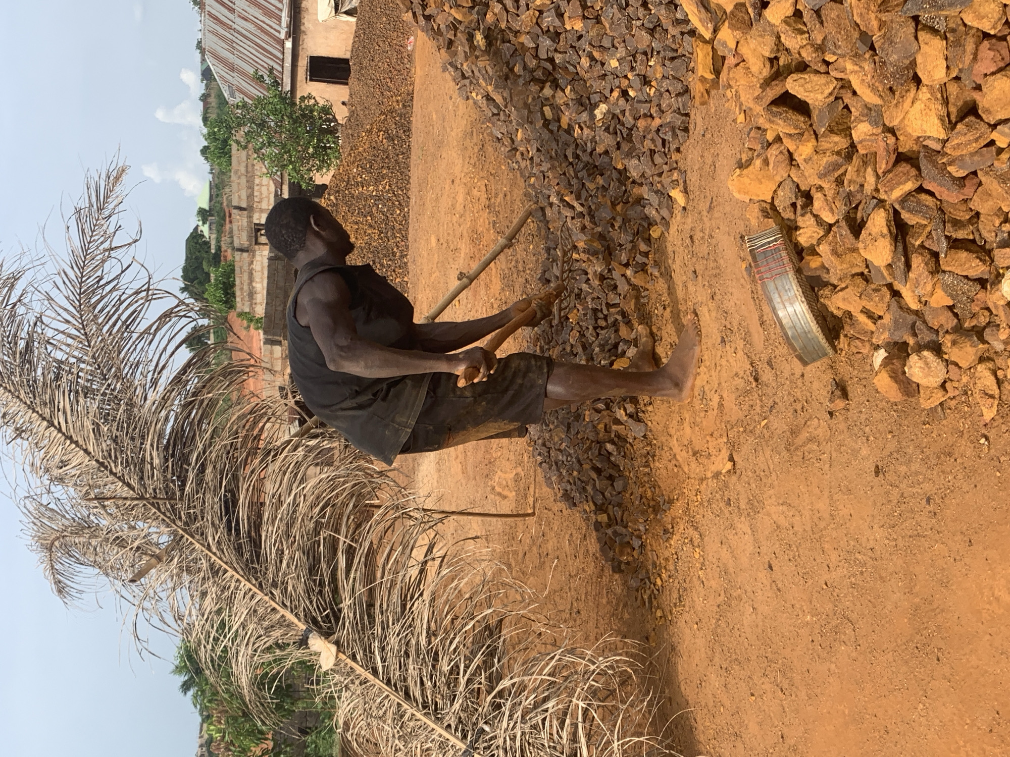 In Nsugbe, Nigeria, an individual is observed in an outdoor setting. The person, of dark complexion, wears dark attire and appears to be engaged in manual labor using a rudimentary tool near a pile of rocks or stones. A dried palm frond is prominent in the foreground, while a building with a corrugated metal roof is visible in the background. The ground is dirt or soil.