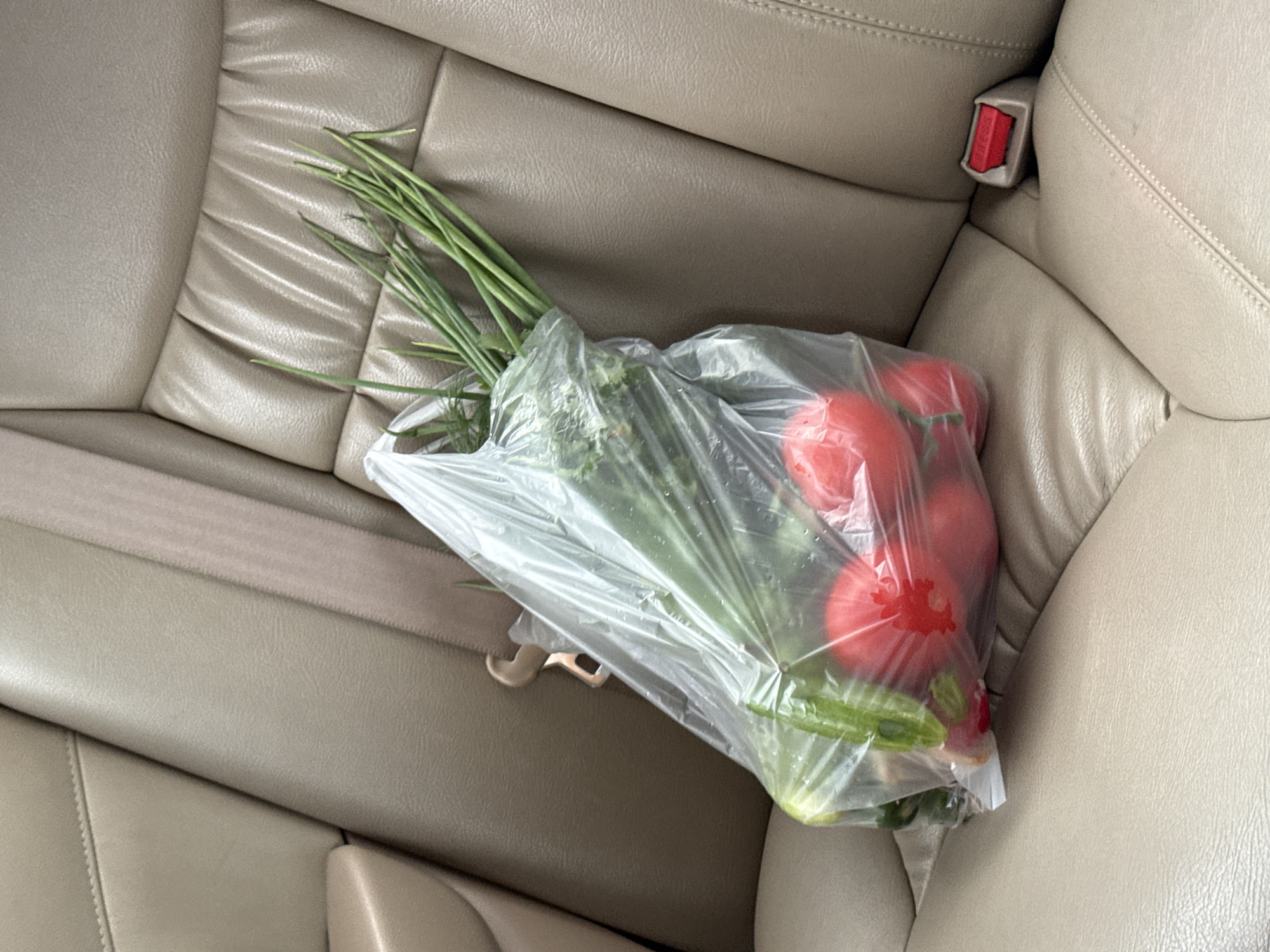 A clear plastic grocery bag filled with fresh produce, including tomatoes and green onions, rests on the beige leather seat of a vehicle. The bag is positioned on the back seat, angled towards the right side of the frame. A beige seatbelt is visible, partially obscured by the grocery bag and extending upwards and to the left. The car's interior is clean and well-maintained, with stitched detailing on the leather seats. The scene is captured from a slightly elevated, eye-level perspective. There is no visible evidence of the location being in Baan Bo Phut, Thailand.