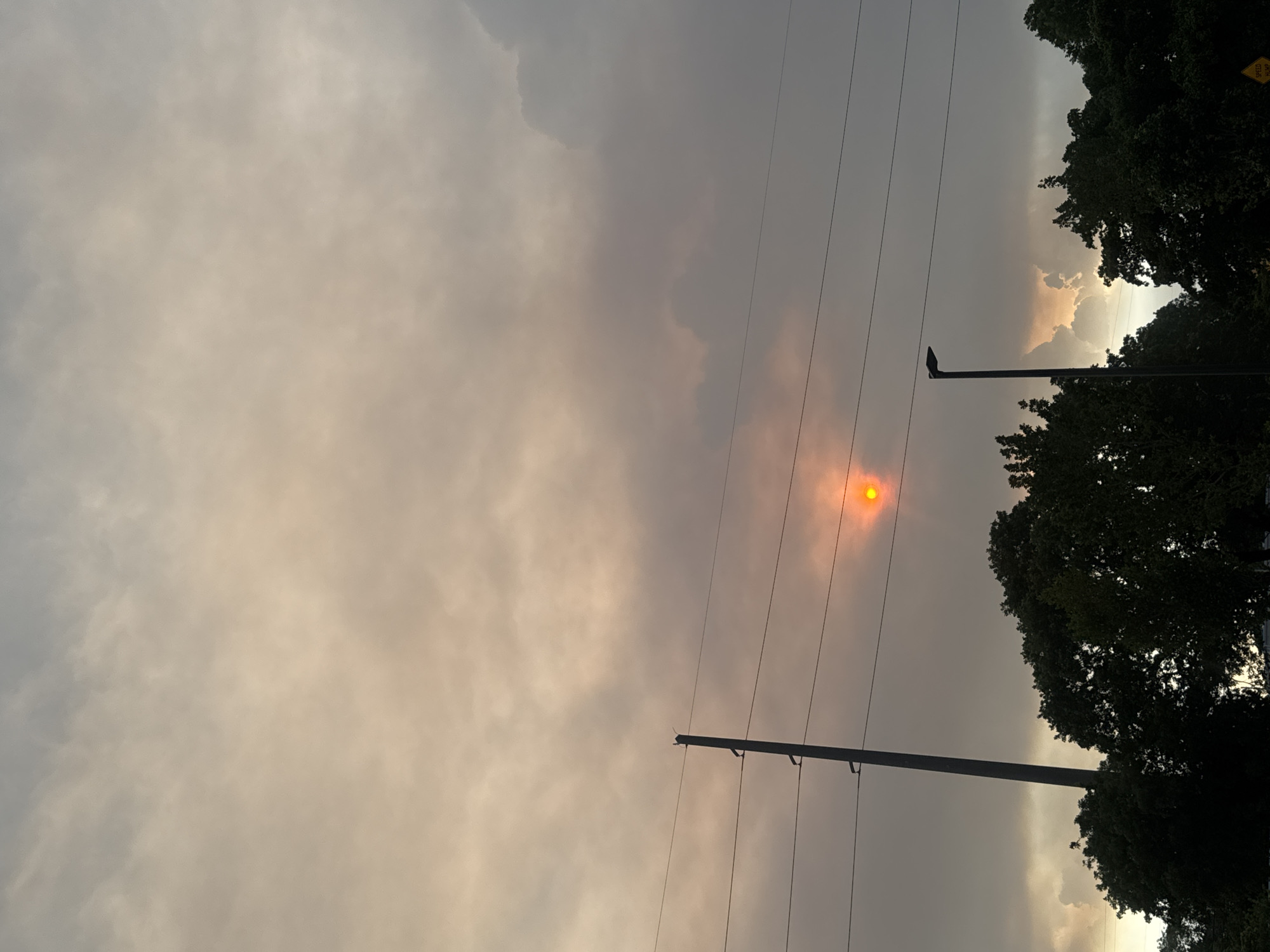 The image depicts a dusky sky with heavy, overcast clouds, tinged with a warm orange glow from the setting sun, which is partially obscured by the clouds and appears as a bright orange orb. A dark silhouetted tree line runs across the bottom of the frame, with dense foliage. A tall, slender utility pole with multiple wires stretches vertically on the left side of the image, bisecting the frame. Another, shorter lamppost is visible on the right side, in front of the trees. The overall impression is of a hazy, atmospheric scene, possibly at dusk or during a period of atmospheric particulate matter. The location is specified as Unknown, Unknown.