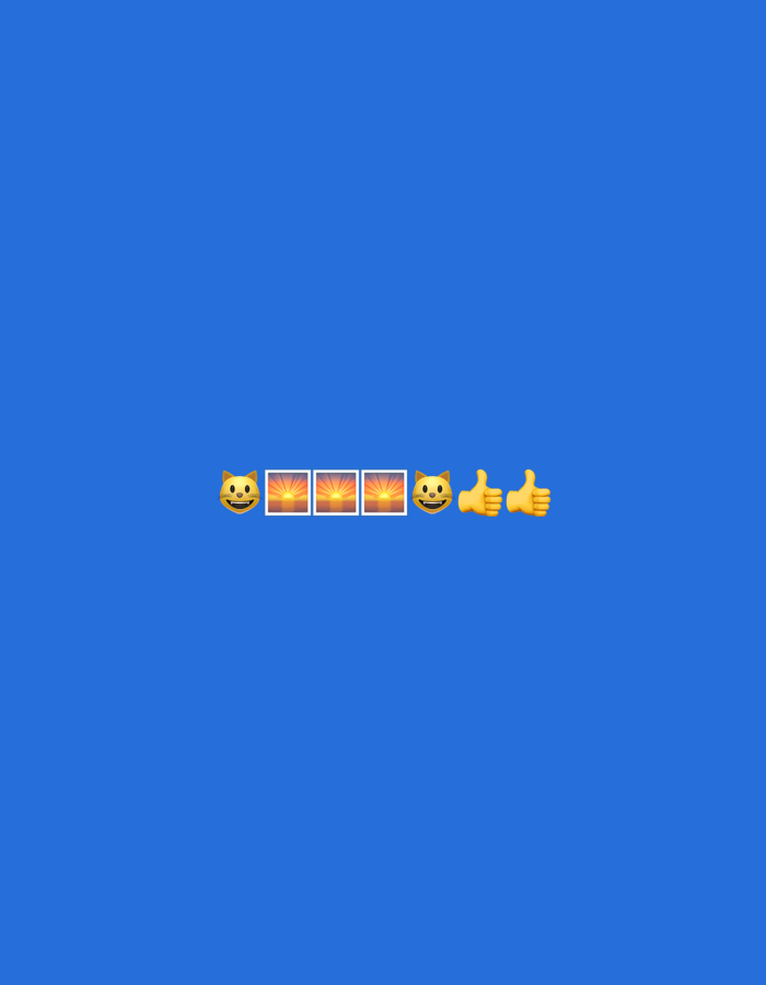 The image is a simple graphic on a solid blue background. In the center of the frame, there is a horizontal sequence of five emojis. From left to right, the sequence is: a cat face emoji with a wide smile, a sunrise emoji, another sunrise emoji, a cat face emoji with a wide smile, and a thumbs-up emoji. There are no people, objects, or environmental elements present other than the emojis and the blue background. The location in Gorzow, Poland is not depicted or inferable from the image.