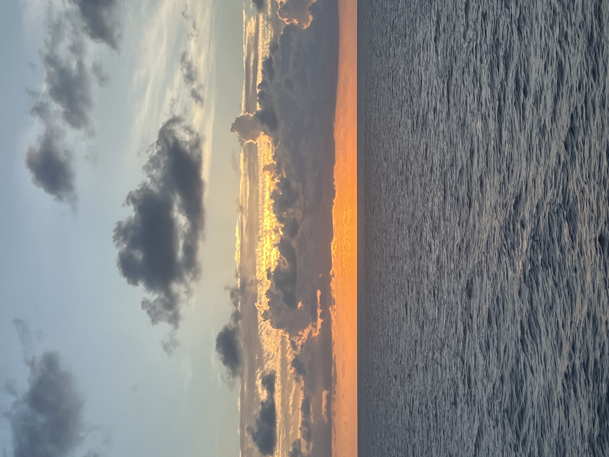 The image is a vertical orientation photograph of a sunset over the ocean. The left side of the frame is dominated by a cloudy sky with the sun's rays breaking through. The clouds are a mix of dark gray and lighter, illuminated portions, creating a dramatic contrast. The sun appears to be low on the horizon, casting a warm, golden-orange glow through the gaps in the clouds.
The right side of the frame depicts the ocean, which is textured with small, choppy waves. The water appears a deep, muted blue-gray, reflecting the subdued light of the sunset. The horizon line is sharp and clearly divides the sky from the sea.
The overall mood of the image is serene and majestic, characteristic of a sunset at sea. The time of day is clearly evening, as indicated by the sunset. There are no visible people or objects, and no text is present in the image. The location is not specified, but the scene is clearly an open body of water, likely the ocean.