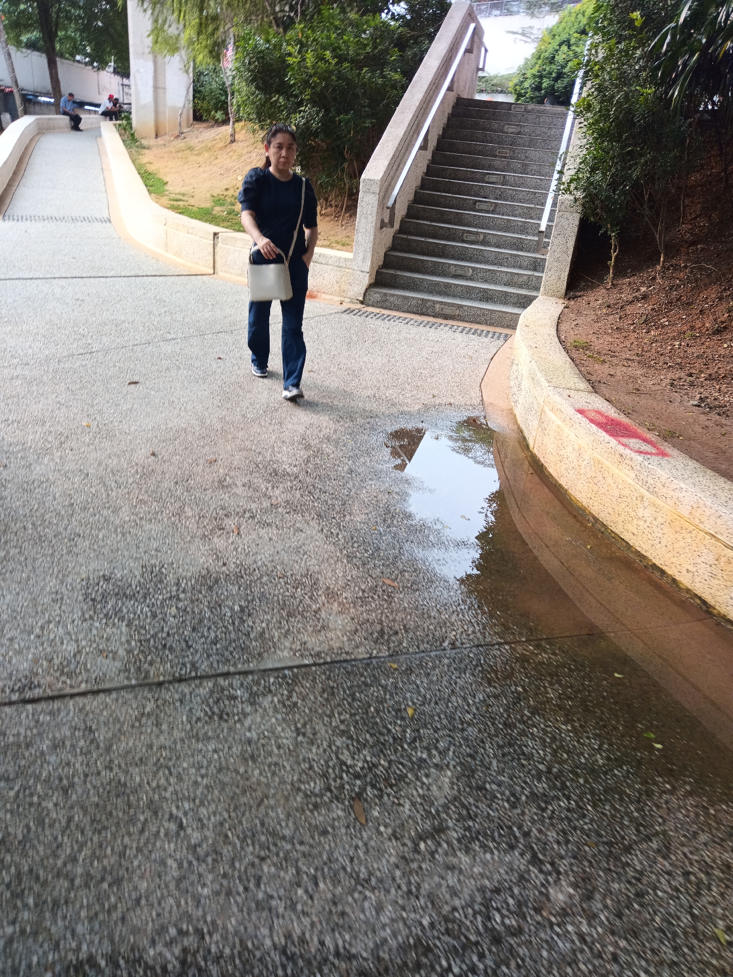 A woman with dark hair and dark clothing, carrying a light-colored purse, walks on a paved path. She is in the middle ground of the image, with a set of stairs to her right and a gently sloping path to her left. Trees and foliage are visible in the background. The path appears to be wet in places, reflecting the sky and surroundings. The setting is outdoors, likely a park or public walkway, in a city environment.