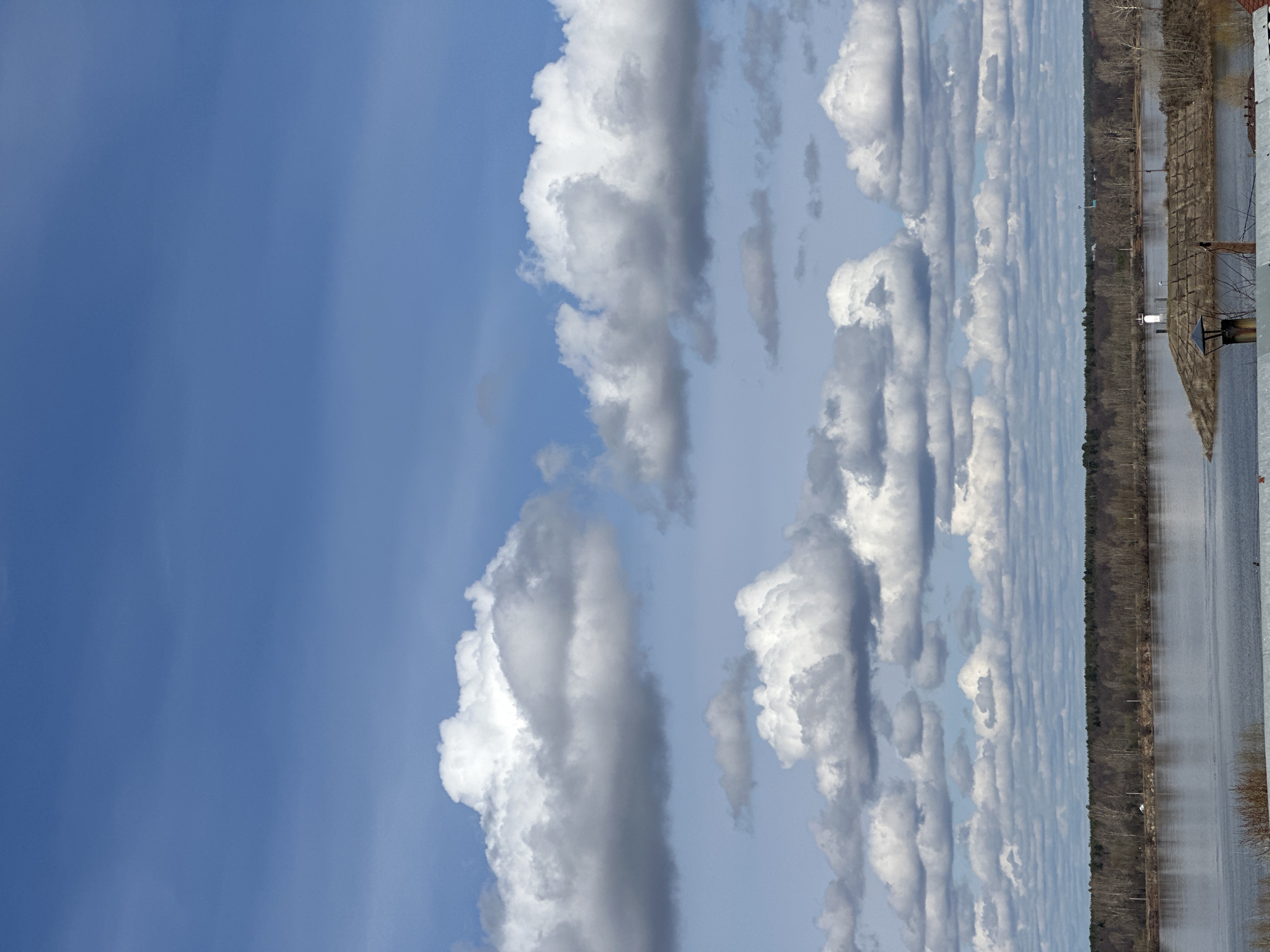 The image displays a vast natural landscape, appearing to be correctly oriented with the sky at the top and water at the bottom, though the original file is rotated 90 degrees clockwise.
**Subjects:** The scene features a wide expanse of water, likely a river or large lake, bordered by a distant, densely forested shoreline. The sky is a prominent feature, filled with numerous, bright white and gray cumulus clouds of varying sizes and shapes, with patches of clear blue sky visible between them. In the foreground, on the right side, there's a concrete or stone embankment extending into the frame, possibly part of a dock or a riverbank fortification. On this embankment, a dark, flat-topped structure with a vertical pipe or vent is visible. Sparse, bare tree branches and bushes are also seen along the water's edge in the foreground. The distant treeline appears to be deciduous forest, currently devoid of leaves.
**Activity or event taking place:** No human activity or specific event is taking place; the image captures a static landscape.
**Notable details:** The time of day appears to be mid-day, indicated by the bright, overhead lighting and clear visibility. The weather is sunny with scattered clouds. The bare trees on the distant shore suggest late winter or early spring. The industrial-looking embankment and the wide body of water are consistent with the provided location context of Chaikovsky, Russia, which is situated on the Kama River. The water surface reflects the sky, though with less detail due to slight ripples. No text is visible in the image.