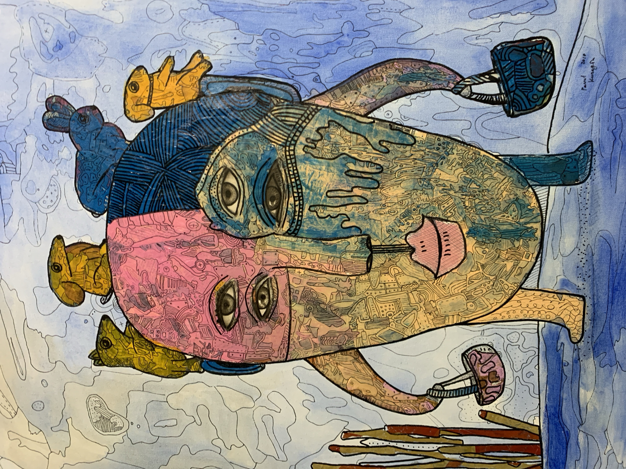 This is a watercolor painting with a surreal and abstract depiction of a figure's head and upper body. The central subject is a large, oval-shaped face divided vertically into pink and blue sections. The face has multiple eyes, with two prominent sets stacked vertically on each side. Intricate, almost maze-like patterns fill the surface of the face and the visible parts of the arms and torso. The figure has a large, pink mouth and appears to be walking, with legs extending downwards. The figure is carrying two small handbags, one pink and one blue, in each hand.
Several small, stylized animals are perched on top of the figure's head: two yellow, dog-like creatures and one blue rabbit. To the left of the figure, there are several vertical, brown and yellow stalks. The background is rendered in shades of light blue with abstract, flowing lines and shapes.
In the lower right corner of the painting, there is a handwritten signature and date: "Pavel 2018 Kurzgin". This indicates the artist is Pavel Kurzgin, and the artwork was created in 2018.
The location in the city of Kirov, Russia, is not explicitly depicted in the artwork itself. The artwork is a stylized and imaginative creation and does not represent a specific, recognizable landmark or street scene within Kirov. Therefore, no visual information from the image can be used to identify a specific location in Kirov, Russia.