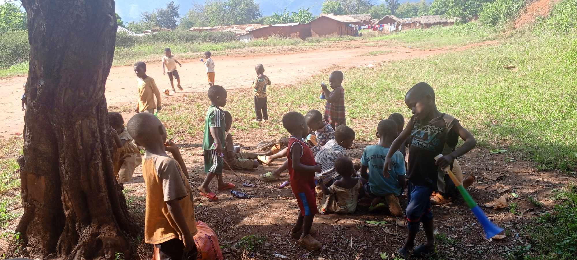 In Ngalula, Democratic Republic of the Congo, a group of children are gathered near a tree in an outdoor setting. Some children are standing, while others are sitting or lying down on the ground. The children are dressed in various casual clothing, including t-shirts, shorts, and dresses. In the background, there is a dirt road, houses, and green vegetation. Some children are playing in the background. The lighting is bright and appears to be natural daylight.