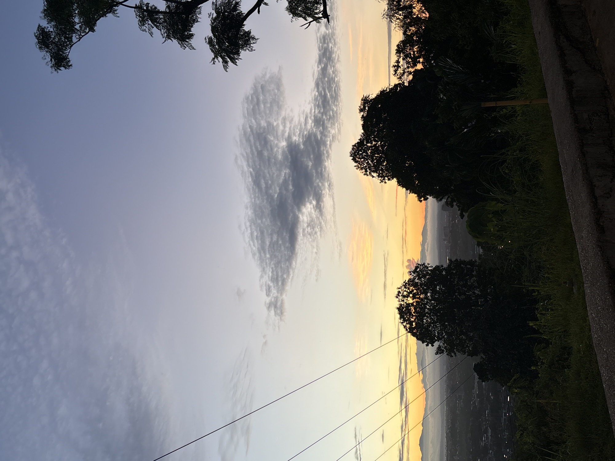 The image captures a serene twilight sky over Davao City, Philippines. The sky transitions from a pale blue at the top to warm hues of orange and yellow near the horizon, indicative of either sunrise or sunset. Wispy clouds are scattered across the sky, some appearing textured and others more diffused. In the foreground, silhouetted trees and lush green foliage obscure a part of the cityscape below, which is veiled in a soft haze. Several utility lines crisscross the sky from the left side of the frame, adding a man-made element to the natural landscape. A rough concrete barrier runs along the bottom of the image, suggesting the vantage point is from an elevated area overlooking the city. The overall impression is one of tranquility and the peaceful transition between day and night in an urban environment.