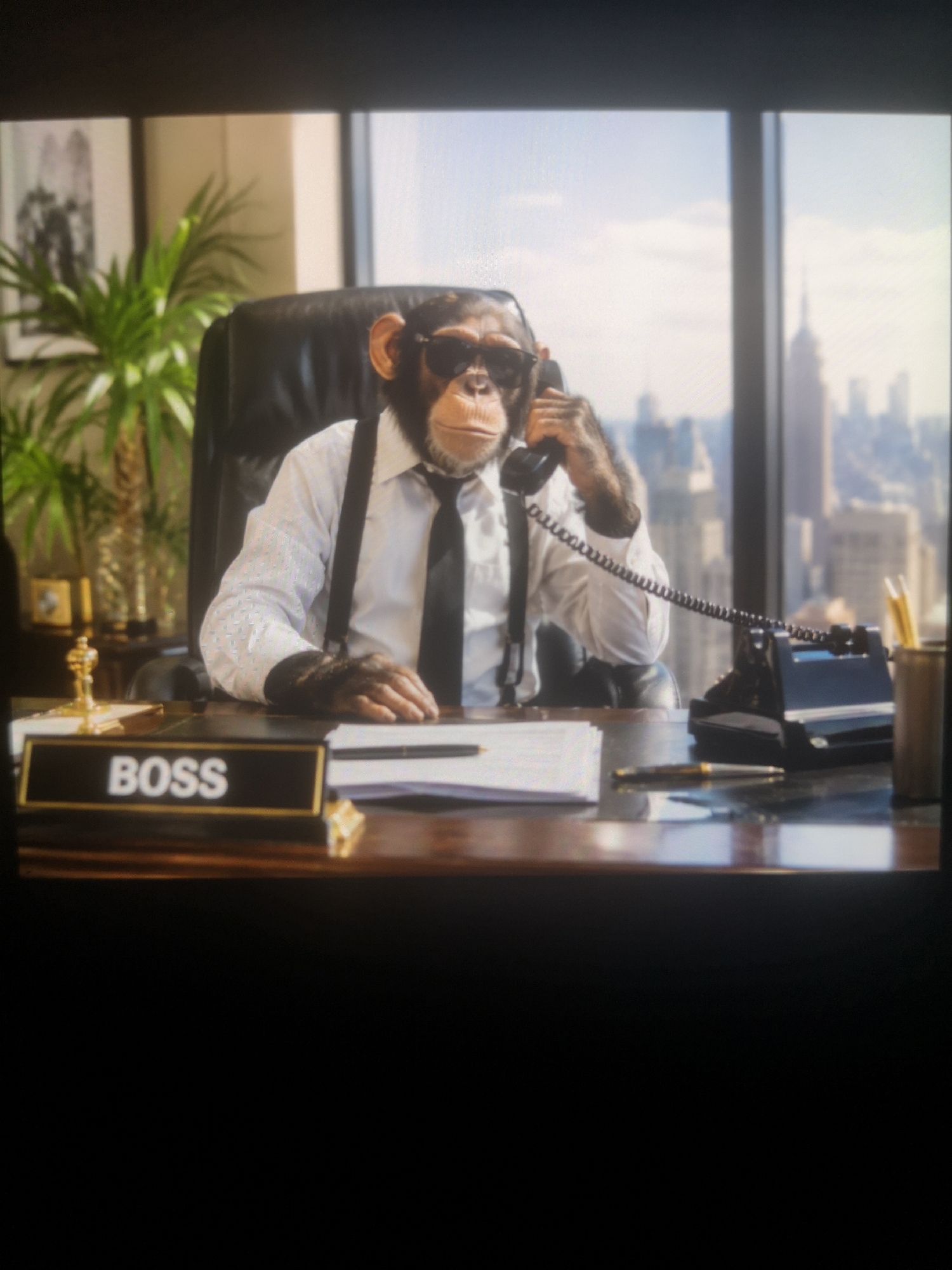 A chimpanzee is sitting behind a large wooden desk, wearing sunglasses, a white dress shirt, and a tie. It is holding a black telephone receiver to its ear, with the coiled cord running to a black rotary dial telephone on the desk. A nameplate on the desk reads "BOSS." The chimpanzee is wearing suspenders and has its left hand resting on a stack of papers and a black pen.
Behind the desk is a large window with a view of the New York City skyline, including the Empire State Building. To the left of the chimpanzee is a potted plant. A framed picture and a gold statuette are also visible on the left side of the desk.