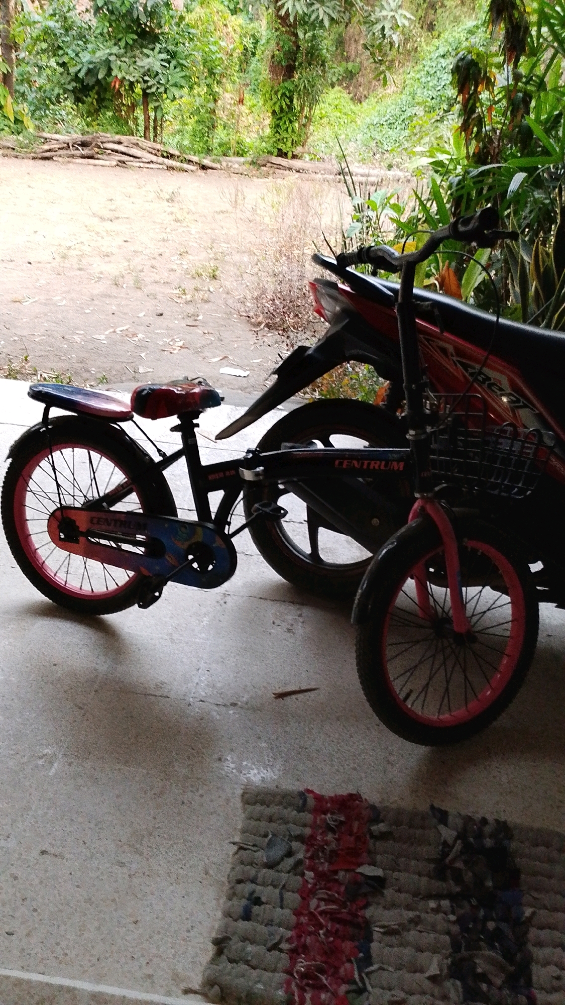 In the city of Plemahan, Indonesia, this photograph captures a scene with two bicycles and a motorcycle parked on a concrete surface. The foreground features a doormat with a striped pattern in red and grey, composed of woven fabric strips. Behind the doormat, the concrete floor is visible, with some light reflections and debris.
The main subjects are two bicycles. The one on the left is a children's bicycle with a black frame and pink rims on its wheels. It has a colorful seat with red and blue patterns. A chain guard on this bicycle displays a colorful design and the word "CENTRUM". The second bicycle, positioned to the right, appears to be a folding bicycle, also with pink rims and a black frame. It is equipped with a black wire basket on the front.
Behind the bicycles, a motorcycle is partially visible. It has a red and black body. The backdrop consists of a natural environment with lush green foliage and trees, suggesting an outdoor setting. A pile of logs is visible in the middle ground, against the backdrop of trees. The lighting suggests it is daytime, with some shadows cast on the ground.