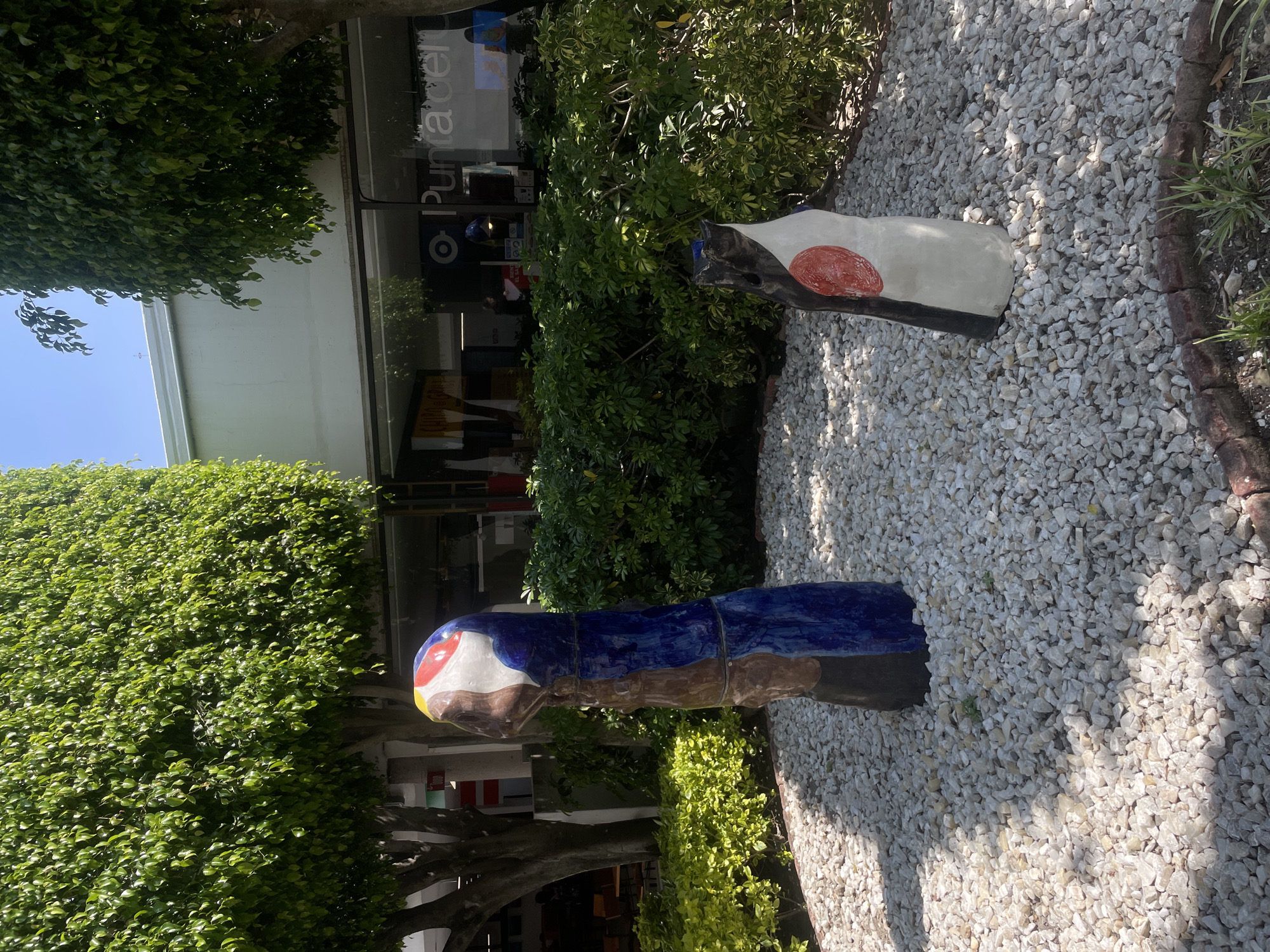 The image displays an outdoor scene, likely a public or commercial landscaped area in San Andrés Cholula, Mexico, under bright daylight. Two abstract, colorful sculptures stand vertically on a bed of white gravel in the foreground.
The left sculpture is tall and multi-segmented, featuring dark blue on its upper body, a section of earthy brown below that, and a white, yellow, and red head. The right sculpture is predominantly white with a distinct red circular motif on its side, and black elements at its base. Both sculptures cast strong shadows onto the white gravel, indicating direct sunlight from a clear blue sky, visible in the upper-left corner.
The background is filled with lush green foliage. On the far left, a building is almost entirely covered by dense green ivy. Further to the right and behind the sculptures, various green bushes and trees create a natural barrier. Behind these plants, a modern building with large reflective glass windows is visible. The word "Puntacel" is clearly legible on one of the glass windows, along with a distinct circular, target-like logo below it. Other reflected text is too blurry to decipher. The scene is static, depicting an artistic installation within a well-maintained outdoor environment, devoid of people or explicit activity.