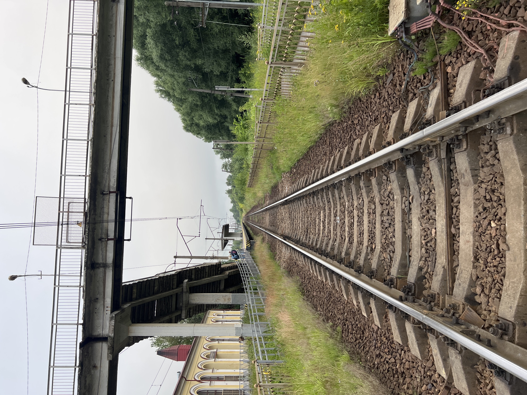 The image depicts a railway track extending into the distance, bordered by lush green grass and trees. A pedestrian overpass, constructed of concrete and metal, spans the tracks overhead. To the left, a yellow building with arched windows and a red turret stands adjacent to the railway. Two individuals are visible on a platform to the right, near a small shelter. The sky is overcast, suggesting a cloudy day. This scene is identified as the railway station in Alexandrovskaya, Russia.