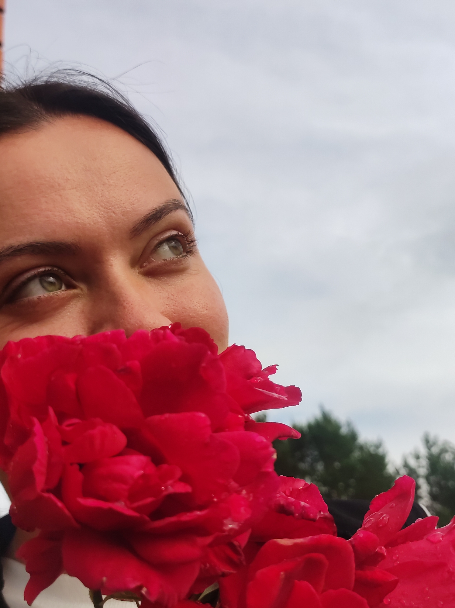A close-up shot focuses on a person's eyes and a large, vibrant red rose. The person, seen from the forehead down to just below the nose, has fair skin, dark hair, and striking green eyes. They are looking upwards and to the right, with a gentle smile suggested by the slight curve of their lips peeking from behind the flower. The rose is a rich, deep red, with velvety petals, some of which are dotted with water droplets, indicating it might have rained recently or been watered.
The background is a softly blurred expanse of grey, overcast sky, suggesting it is a cloudy day, likely late morning or afternoon. Below the sky, a line of dark green trees is visible, hinting at an outdoor setting, possibly a garden or park. The overall mood is serene and peaceful, with a focus on the beauty of nature and the subtle expression of the person. The location is identified as Foky, Russia. There is no visible text in the image.