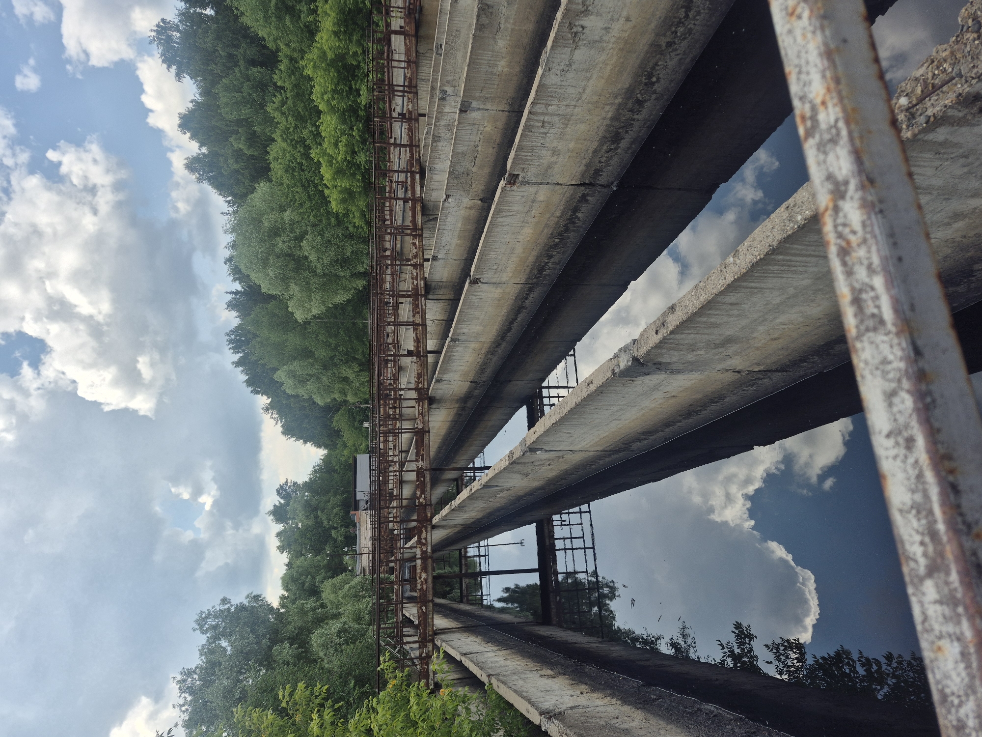 The image shows a set of concrete settling tanks filled with dark water, reflecting the sky and surrounding trees. A rusty metal walkway runs above the tanks, with more trees visible in the background, along with a few buildings. The sky is partly cloudy with patches of blue. This scene appears to be part of an industrial or water treatment facility, possibly located in the city of Chaikovsky, Russia, given the context provided. There are no people visible in the image, and the focus is on the architectural elements and the natural surroundings.