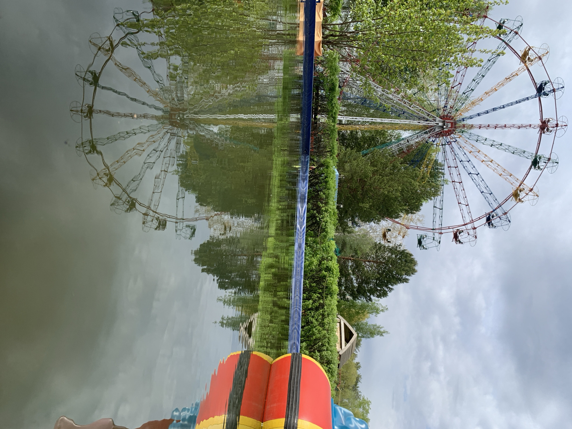 The image shows a Ferris wheel in Chaikovsky, Russia, reflected in a body of water. The Ferris wheel is multi-colored, with cars visible on the perimeter. Vegetation, including trees and bushes, surrounds the base of the Ferris wheel. In the foreground, a red and yellow striped object sits near a blue pole. The reflection in the water distorts the details, creating a mirrored image of the Ferris wheel and surrounding landscape. The sky is overcast.