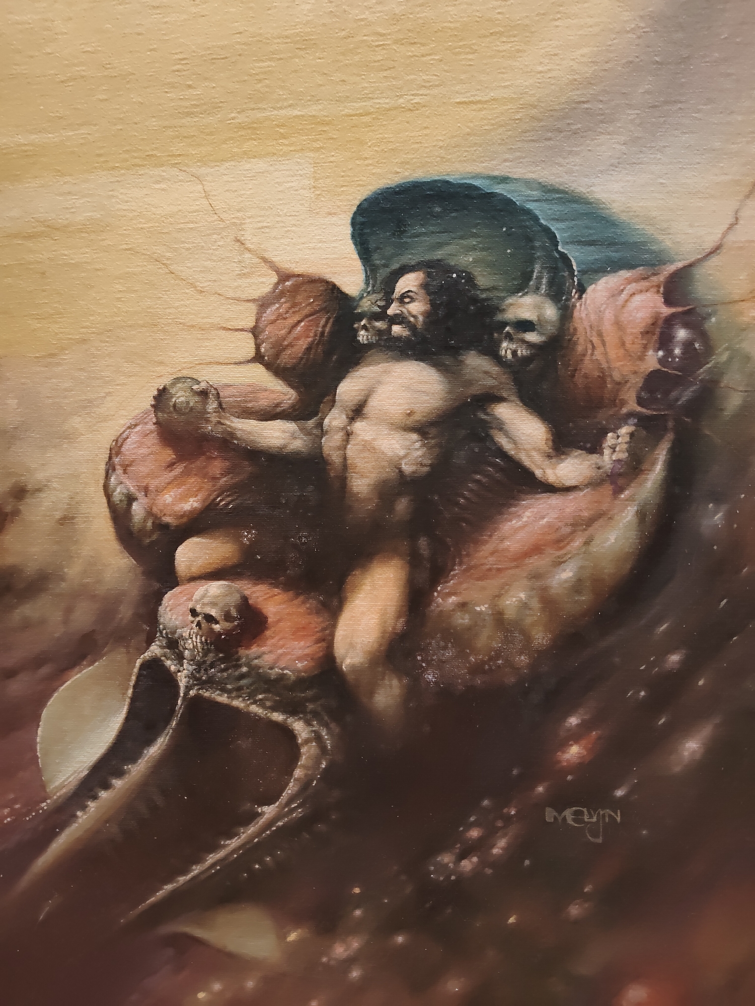 This image is a painting depicting a grotesque, surreal scene. A semi-nude, muscular figure with a beard and long, dark hair stands amidst a chaotic arrangement of organic and skeletal forms. The figure appears to be emerging from or interacting with bulbous, fleshy masses and multiple skulls. One skull is prominently placed below the figure's torso, with its jaw open. Other skulls are integrated into the surrounding structures, some with empty eye sockets and grinning teeth. The color palette is dominated by earthy tones, deep reds, and sickly greens, with highlights of yellow and white. The background is textured and appears to be a light tan color, possibly representing a canvas or wood grain. The overall impression is one of horror and macabre fantasy. The signature "MELYN" is visible in the lower right corner of the painting. There is no identifiable location in the city of Singapore depicted in this image.