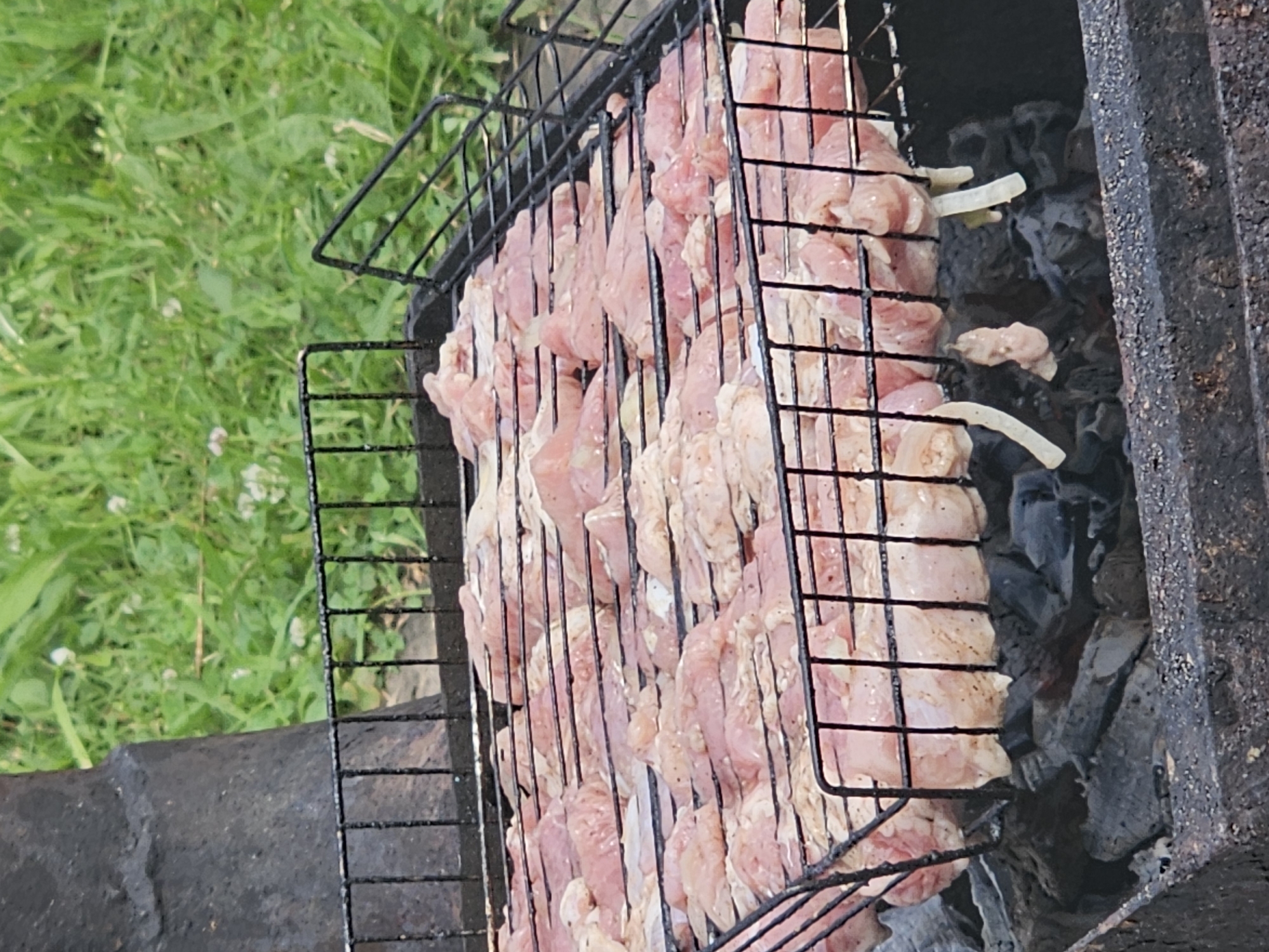 A close-up, eye-level shot shows thinly sliced raw meat, likely chicken, arranged on a black metal grill rack over hot charcoal in a barbecue pit. The meat is seasoned with specks of pepper and appears to be marinating. Some pieces are skewered with what seem to be pieces of onion or garlic. The barbecue pit is made of dark, rough material, possibly brick or metal, and is filled with glowing charcoal. In the background, lush green grass with small white flowers grows, and a dark, weathered cylindrical object, possibly part of a chimney or structure, is visible on the left. The scene suggests an outdoor cooking activity in a natural setting, potentially a garden or park area.