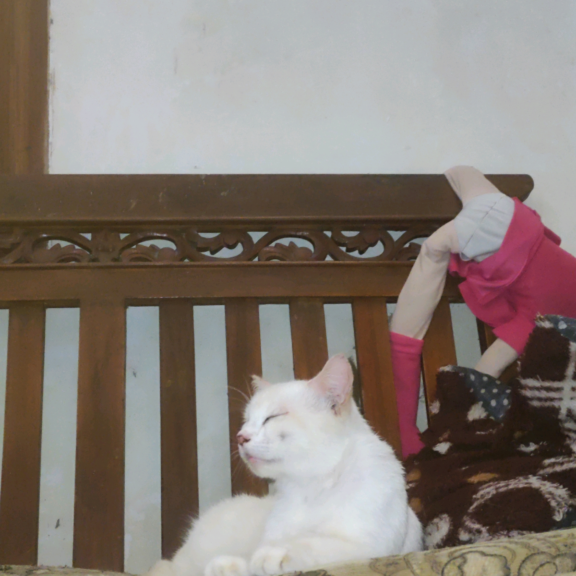 A white cat with closed eyes is lying on a patterned blanket. The cat is on the right side of the image, facing left. Behind the cat is a wooden bench with decorative carvings. To the right of the cat, a partially visible doll with a pink dress and light-colored limbs is propped up against the bench. The background is a plain, light-colored wall. The scene appears to be indoors, possibly in a home. No specific location in Karawang, Indonesia, can be determined from the image.