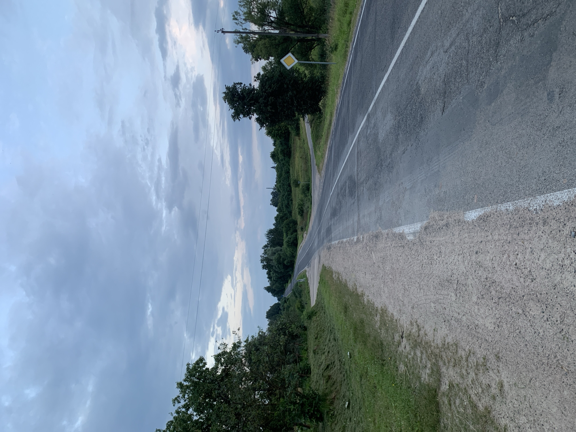 The image shows a rural road intersection in Відзаўскі сельскі Савет, Belarus. The road is paved and has a white line marking the lane. To the left of the road is a grassy shoulder with some loose gravel. To the right of the road, there is a yellow diamond-shaped sign with a black border and a black symbol inside, indicating a priority road. Trees and vegetation line both sides of the road, and the sky is cloudy with a light gray hue, suggesting it might be dusk or an overcast day. There are no people or vehicles visible in the image. The overall scene depicts a quiet, rural landscape.