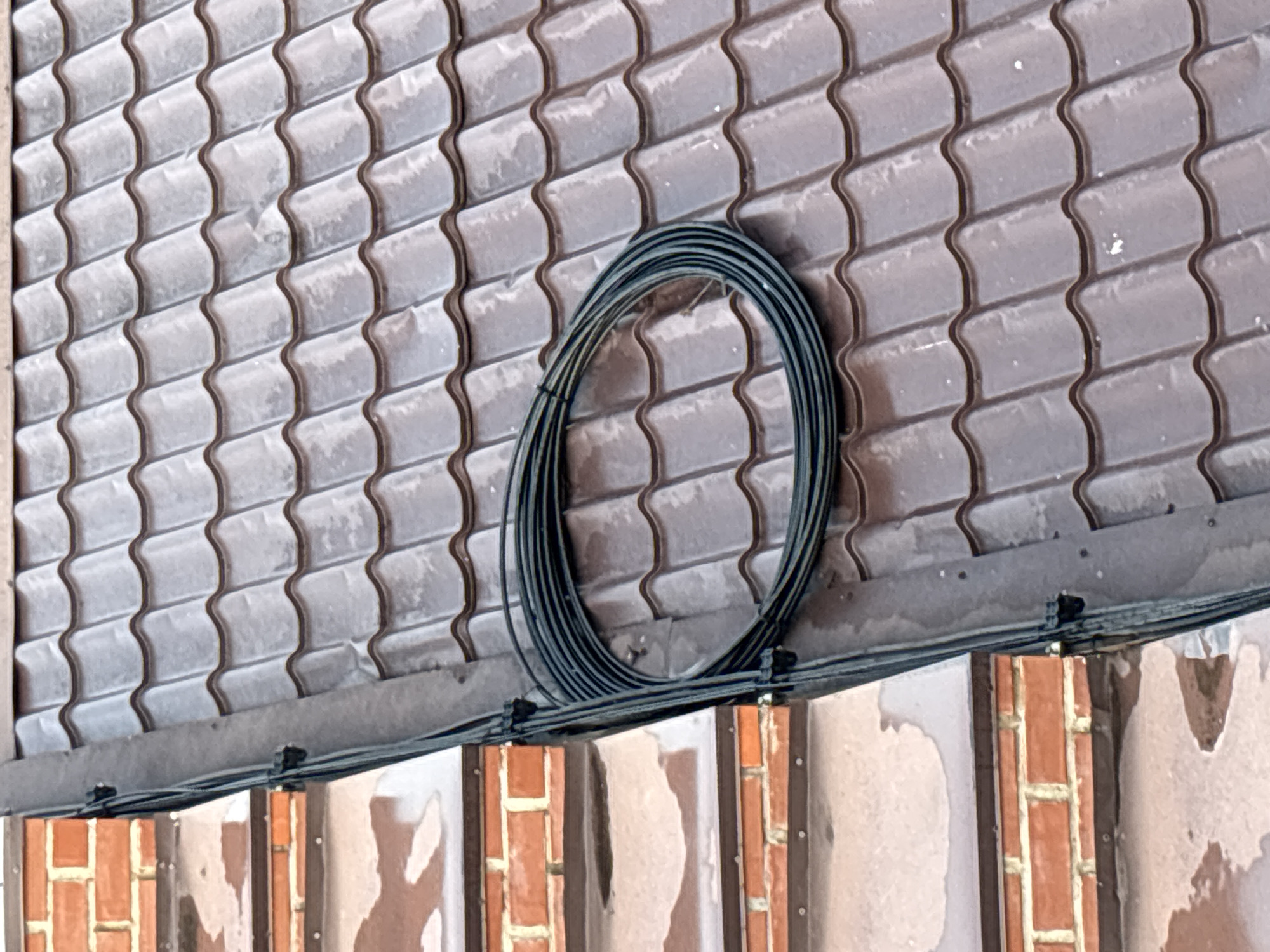 The image shows a close-up view of a portion of a sloped roof covered in brown, wavy tiles. On the left side of the image, there is a brick wall made of red bricks with visible mortar lines. Several horizontal metal strips are attached to the brick wall. A bundle of black cables is coiled on the roof tiles. The cables appear to be secured to a vertical conduit running along the edge of the roof, which is adjacent to the brick wall. There are also black clips visible along the conduit, holding it in place. The roof tiles and brick wall show signs of moisture, suggesting it may have rained or is damp. This scene is likely located in the city of Blagoveshchensk, Russia, based on the provided information.