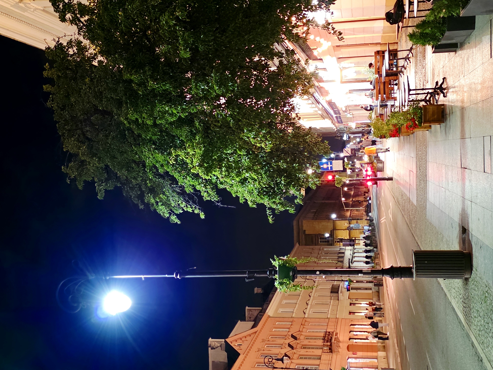 The image depicts a nighttime street scene in Warsaw, Poland, likely on a pedestrian-friendly street with outdoor seating. A tall, black lamppost with a bright, glowing light dominates the left side of the foreground. The lamppost is adorned with a hanging planter containing green foliage.
To the left of the lamppost, a row of pastel-colored buildings lines the street. These buildings have multiple stories, with arched windows and decorative architectural elements. Some of these buildings appear to be businesses, with visible storefronts and illuminated interiors. People are seen walking along the sidewalk in front of these buildings.
The sidewalk itself is paved with light-colored tiles and is lined with planters containing green plants and red flowers. Further down the street, an area with outdoor seating is visible. Numerous small, dark tables with intricate metal bases are set up, along with benches and chairs. Several people are seated at these tables.
Across the street, another row of buildings is visible, some with yellow facades. Streetlights and traffic lights are also present. A dark-colored car is seen driving down the street. Lush green trees with dense foliage overhang parts of the scene, casting shadows and illuminated by the streetlights. The overall atmosphere suggests a lively evening in an urban setting.
