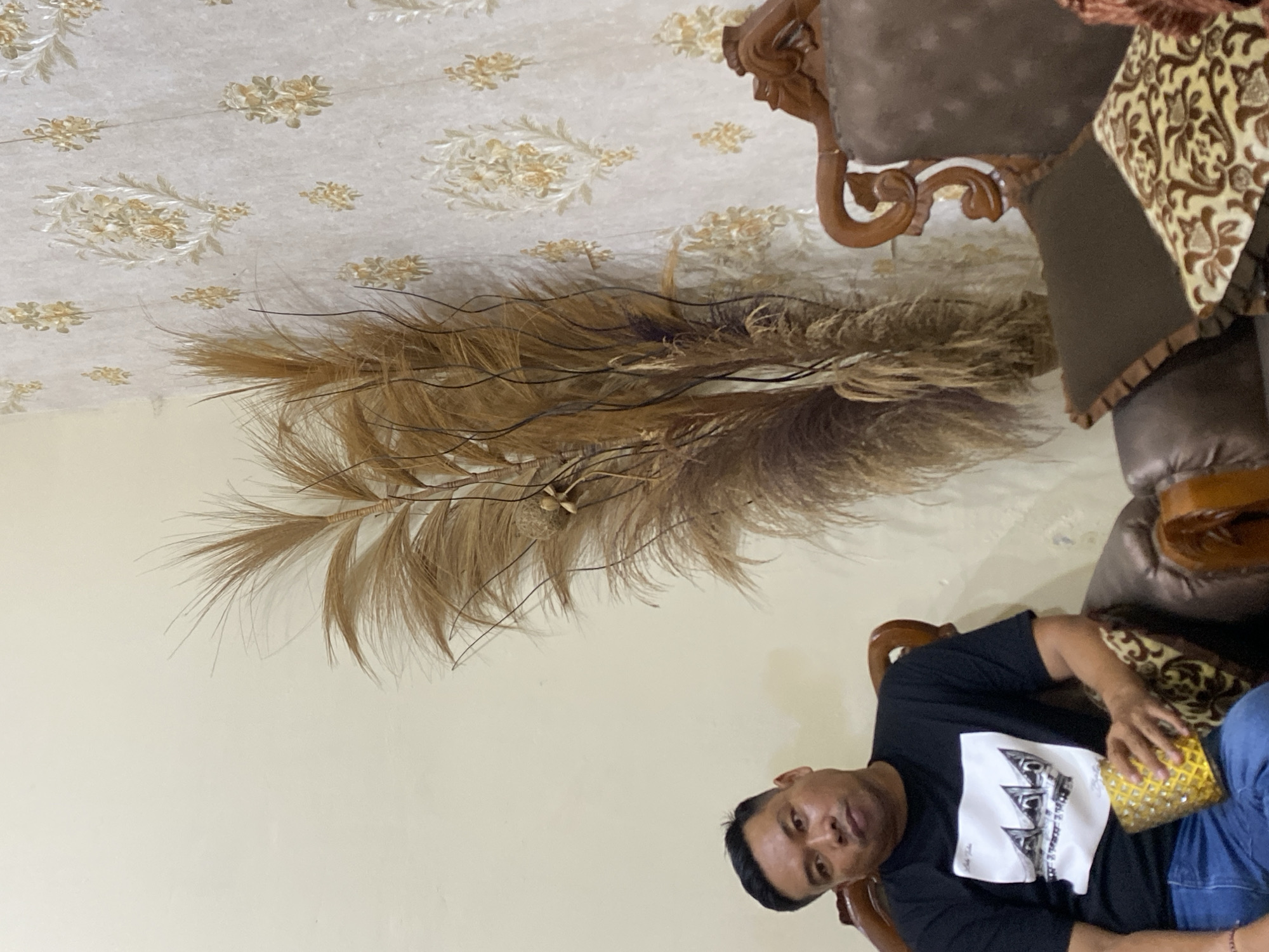 The image shows a man sitting in a chair, holding a yellow object. He is wearing a black t-shirt with a white graphic design on it. The background is a light-colored wall and a section of a couch with a patterned cushion. Above the man, there are decorative dried grass or feather-like fronds hanging from the wall or ceiling. The wall is adorned with a light-colored wallpaper featuring a repeating floral or damask pattern in a lighter shade of cream and gold. The overall setting appears to be an indoor residential or lounge area. The lighting suggests it could be daytime, with the ambient light illuminating the scene. The man's expression is neutral. There is no visible text in the image, besides the graphic on the man's shirt, which is not legible.