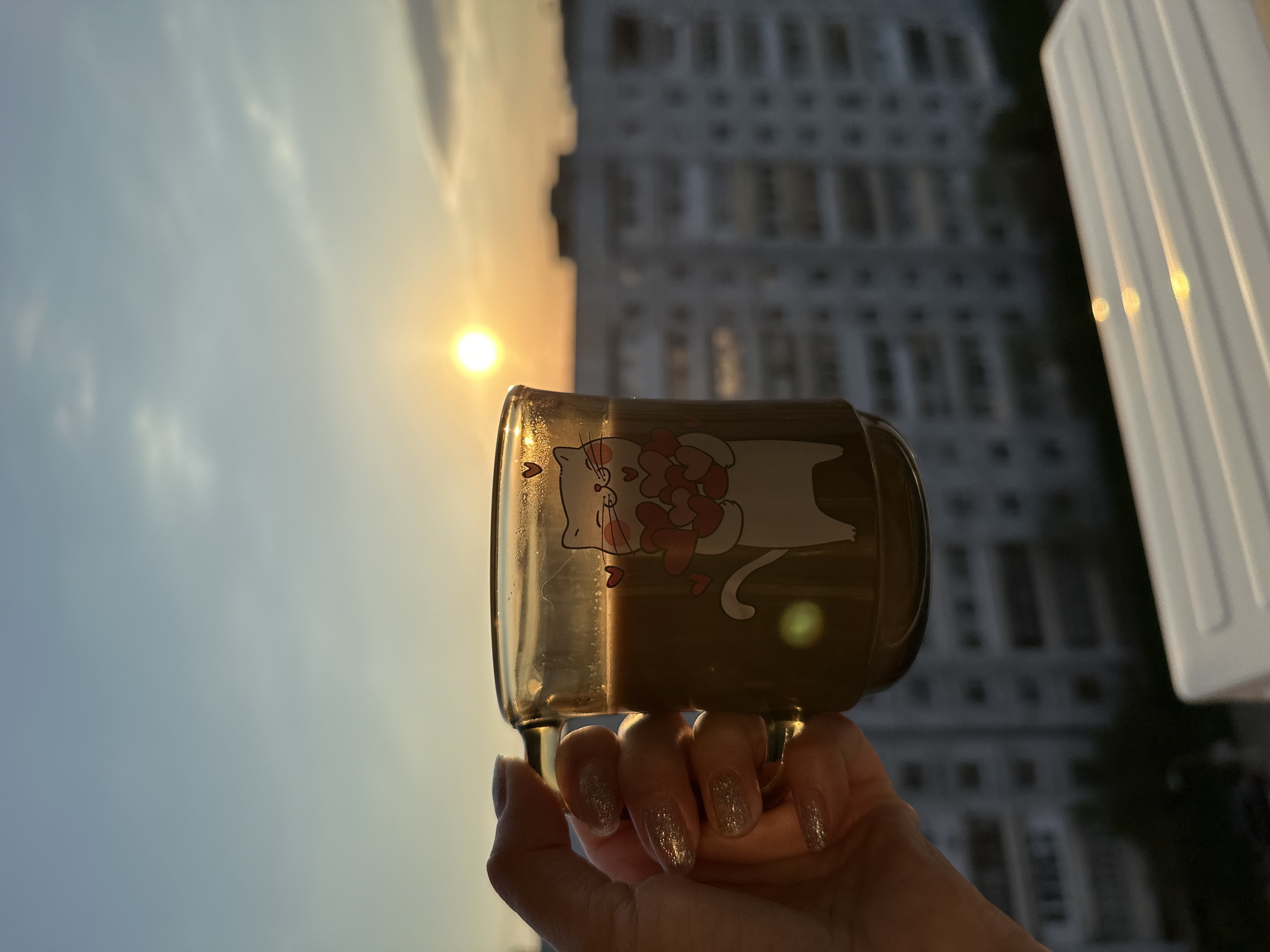 A hand holds a glass mug with a cat and heart design against a backdrop of a building with rows of windows, likely in Chaikovsky, Russia, judging from the location provided. The mug is partially backlit by a bright sun, creating a silhouette effect on the cat design. The hand holding the mug has manicured nails with glitter polish. The sky above shows a gradient of blue to yellow, indicating either sunrise or sunset. A vertical white object, possibly part of a window frame, is visible to the right of the building.