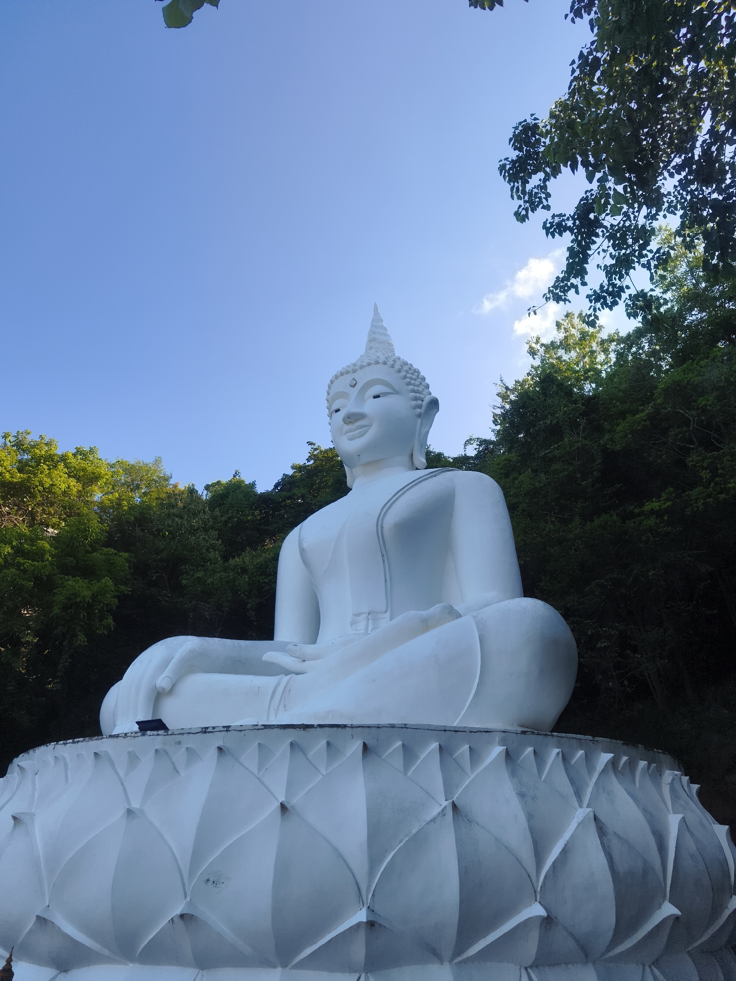 The image shows a large, white, seated Buddha statue in a meditative pose. The statue is positioned on a lotus-shaped pedestal and is surrounded by lush green trees. The sky above is a clear blue with a few wispy white clouds. The statue's serene expression and the natural setting suggest it is located at a temple or a spiritual site. The statue appears to be made of concrete or a similar material. The image is taken from a low angle, emphasizing the grandeur of the statue. The location is the Big Buddha temple (Wat Phra Yai) on Ko Samui, Thailand.