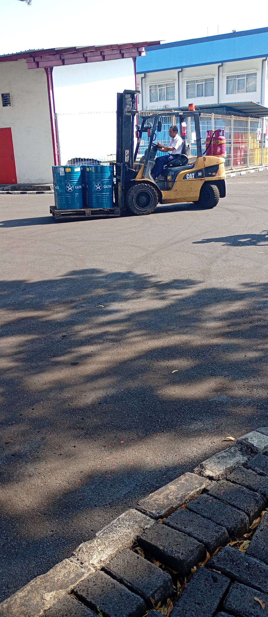 A man operates a yellow Caterpillar 30 forklift, lifting two blue barrels on a wooden pallet. The barrels are cylindrical and appear to contain liquid, with "CALTEX" branding visible. The forklift has a cage-like operator compartment and gas cylinders attached to its rear. The forklift is on an asphalt surface, casting shadows. In the background, a white building with blue trim and windows is visible, along with a red door on a separate structure. A fence with gas cylinders behind it is also present. The scene is outdoors, likely in an industrial or storage area, potentially in Banyuglugur, Indonesia, given the context.