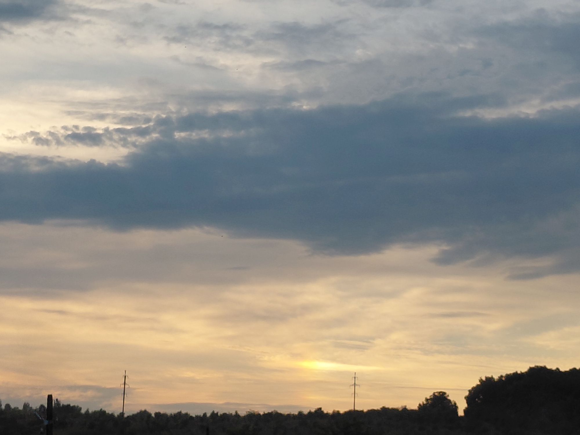The image captures a cloudy sky over a silhouetted tree line, likely during twilight or dawn, given the soft, diffused light. Dark, heavy clouds dominate the upper portion of the frame, with lighter, more wispy clouds interspersed with areas of pale yellow and orange light near the horizon. Two utility poles are visible against the sky, one to the left and another to the right of center, protruding above the tree line. The trees themselves form a dark, irregular mass across the bottom of the image. There are no visible people or animals. The scene appears to be an outdoor, undeveloped area, possibly on the outskirts of Novokuybyshevsk, Russia, characterized by a natural landscape with man-made infrastructure for power transmission.