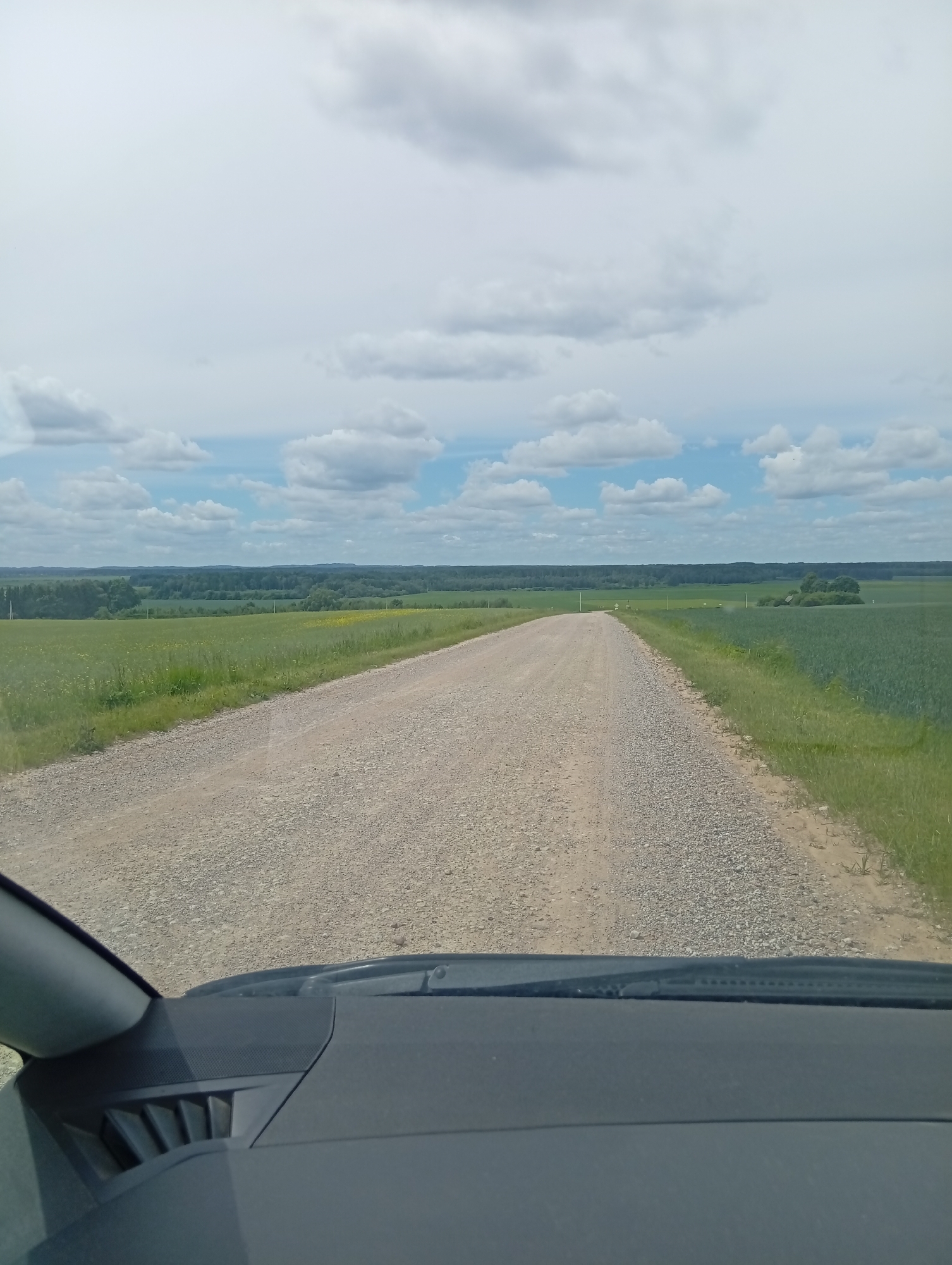 This media file is a photograph taken from inside a vehicle, looking out at a rural landscape in Krikliai, Lithuania. The perspective suggests the viewer is a passenger or driver, as the dashboard and windshield are visible in the foreground. A gravel road stretches ahead into the distance, bordered by green fields on either side. The fields appear to be agricultural, with some areas showing darker green crops and others a lighter, more grassy texture. In the background, a line of trees marks the horizon, with rolling hills beyond. The sky is a mix of blue and white, with fluffy cumulus clouds scattered across it, indicating a partly cloudy day. The overall impression is of a serene, open countryside, likely during daylight hours. There is no visible text in the image.