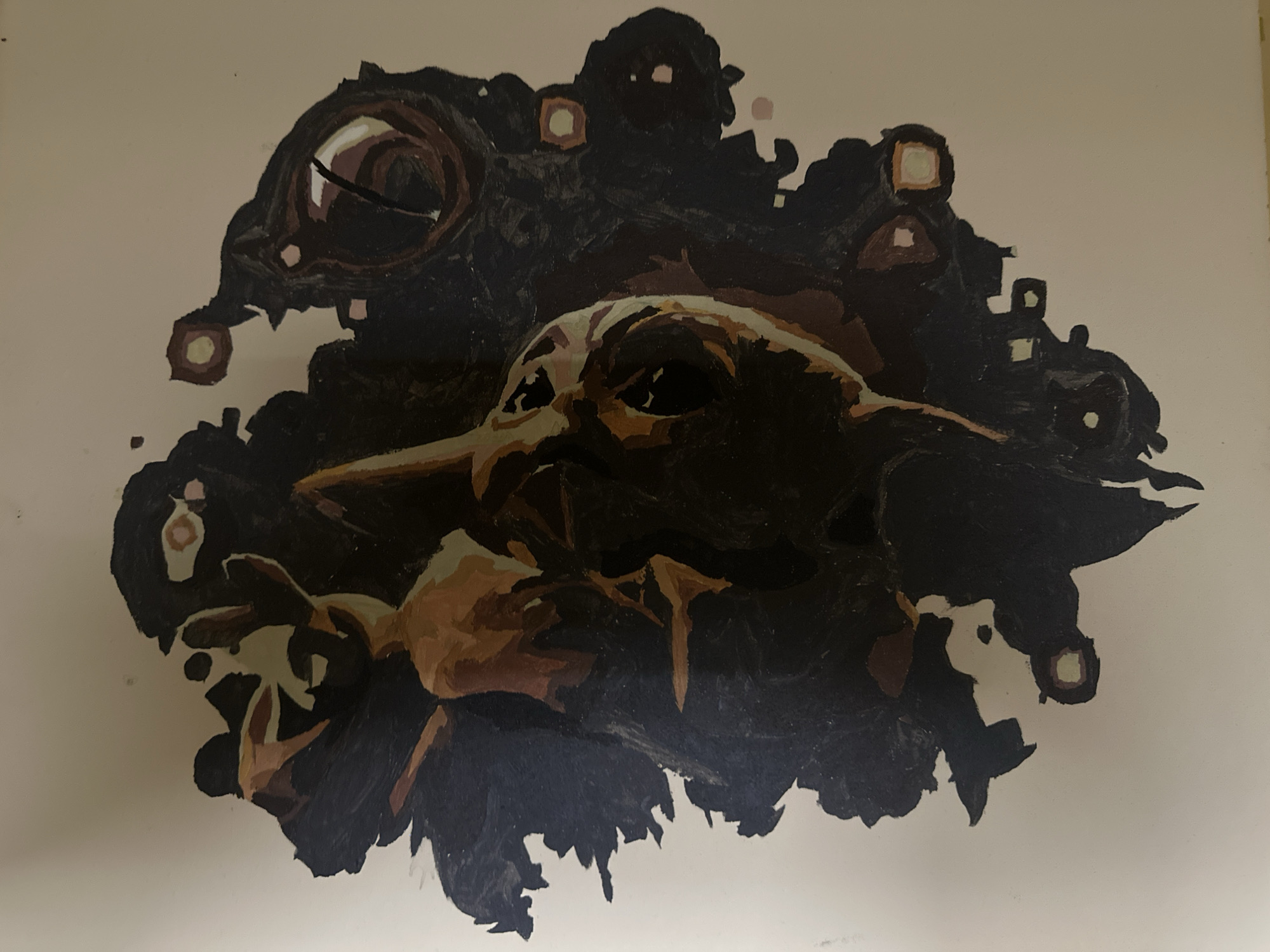 The image displays a stylized painting or mural of Grogu (also known as "Baby Yoda") from the Star Wars franchise, centered on a light beige or off-white surface. Grogu is depicted with prominent ears, a greenish-brown skin tone, and is wearing dark attire. His left hand is extended towards the left side of the frame. The subject is rendered with visible brushstrokes and distinct color blocks, giving it a somewhat abstract or impressionistic quality. The background immediately surrounding Grogu is a dark, amorphous mass, within which several lighter, glowing, square-like and circular forms are interspersed. These forms, ranging from light green to off-white and brown, appear to emanate light or represent distinct objects within the dark void.
Regarding the location in the city of Moscow, Russia, no visual cues, identifying markers, or contextual information within the provided image or its crops allow for the determination of a specific geographic location. The image solely depicts a piece of art on a plain wall surface.