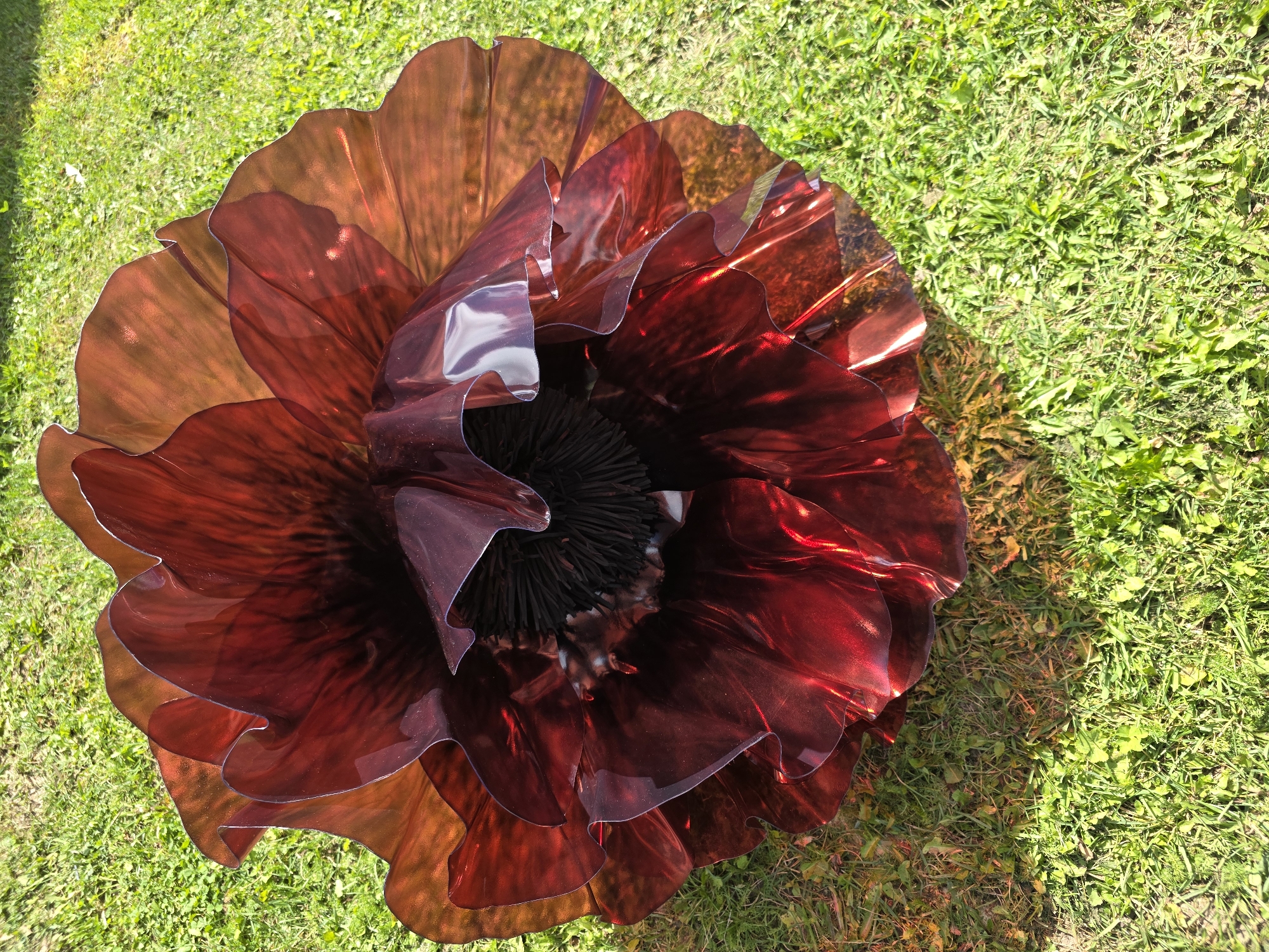 A large, translucent, red-orange poppy sculpture is displayed on a patch of green grass, casting a shadow. The sculpture has many layered, rippling petals, with a dark, textured center. The grass appears to be outdoors, under natural sunlight. The scene does not provide any indicators of a specific location within the city of Glukhovo, Russia.