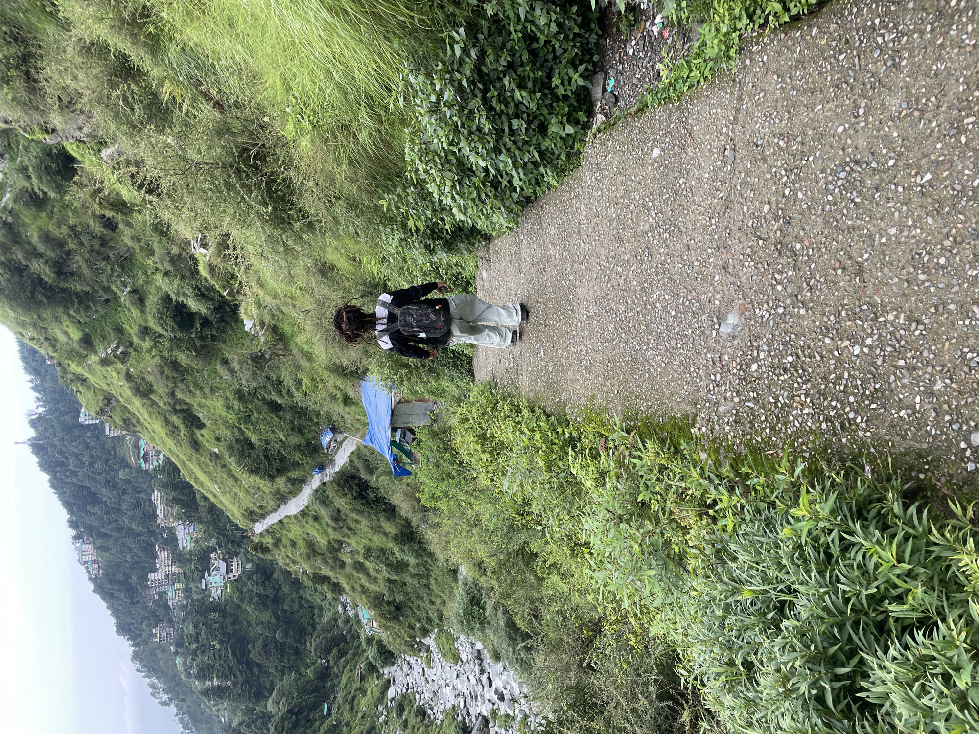 In Bhagsu, India, a person with dreadlocks, wearing a black and white jacket, grey pants, and a backpack, walks down a paved path. The path is flanked by lush green vegetation and overlooks a steep, mountainous landscape dotted with buildings. A rocky stream flows through the valley below. A blue tarp shelter is visible on the side of the path. The sky is overcast.