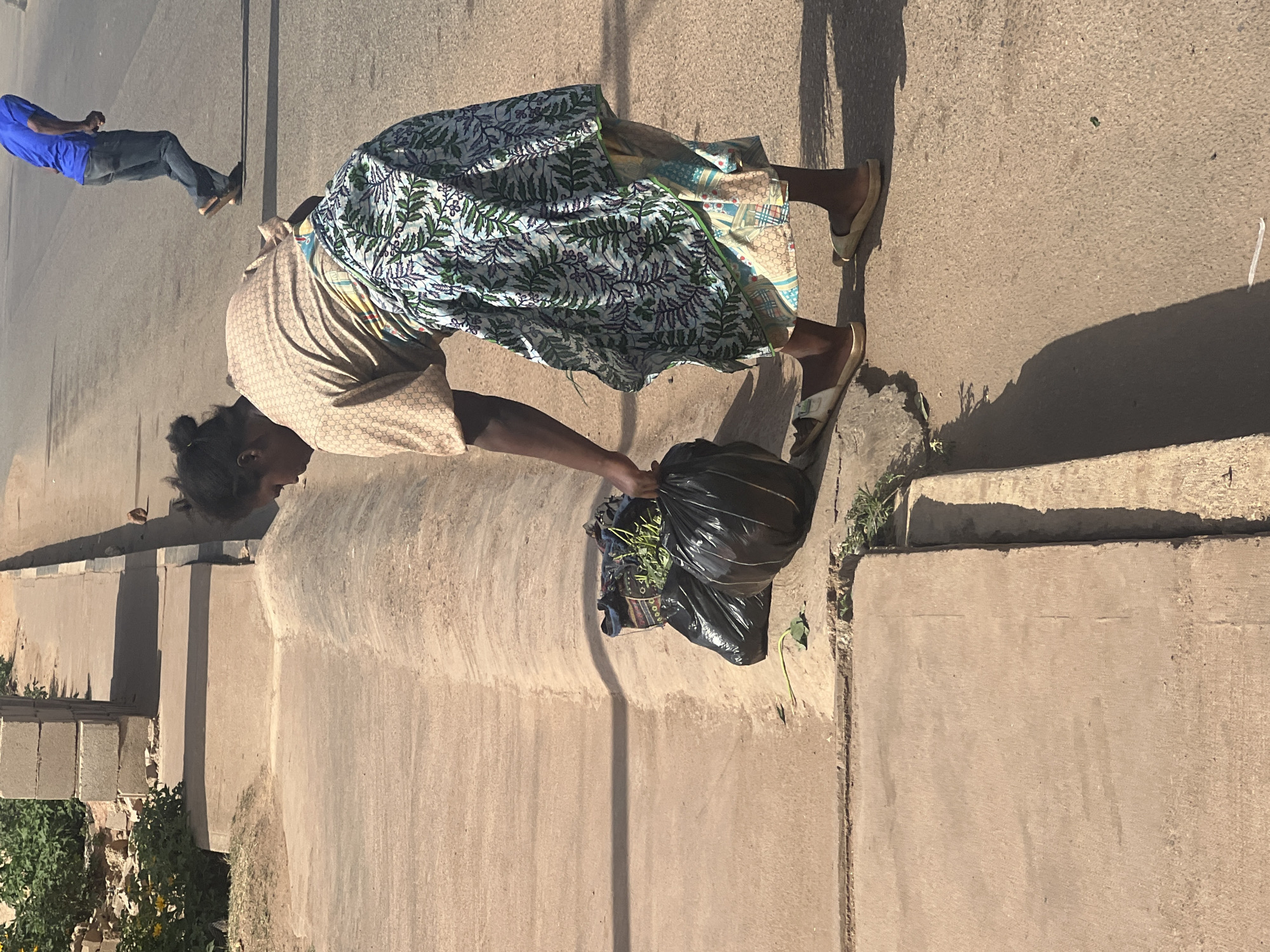 The image, captured in Jos, Nigeria, depicts an outdoor scene under bright, clear sunlight, casting distinct shadows on the ground. The primary subject is a woman with dark skin and hair pulled back, dressed in a light-colored, patterned top and a long skirt adorned with a prominent green and white leafy pattern over a lighter, geometric underskirt. She wears light-colored flat sandals. The woman is bent over, holding a black plastic bag filled with green leafy material, possibly freshly picked vegetables or plants.
Further in the background, a man is visible, wearing a blue t-shirt, dark jeans, and dark shoes, appearing to be walking or standing on the same paved surface.
The setting is a street or pathway, characterized by a light-colored concrete or paved ground. Concrete structures resembling curbs or drainage elements are present along the side, with sparse green vegetation growing nearby. The scene suggests a typical sunny day in an urban or semi-urban environment. No visible text is present in the image.