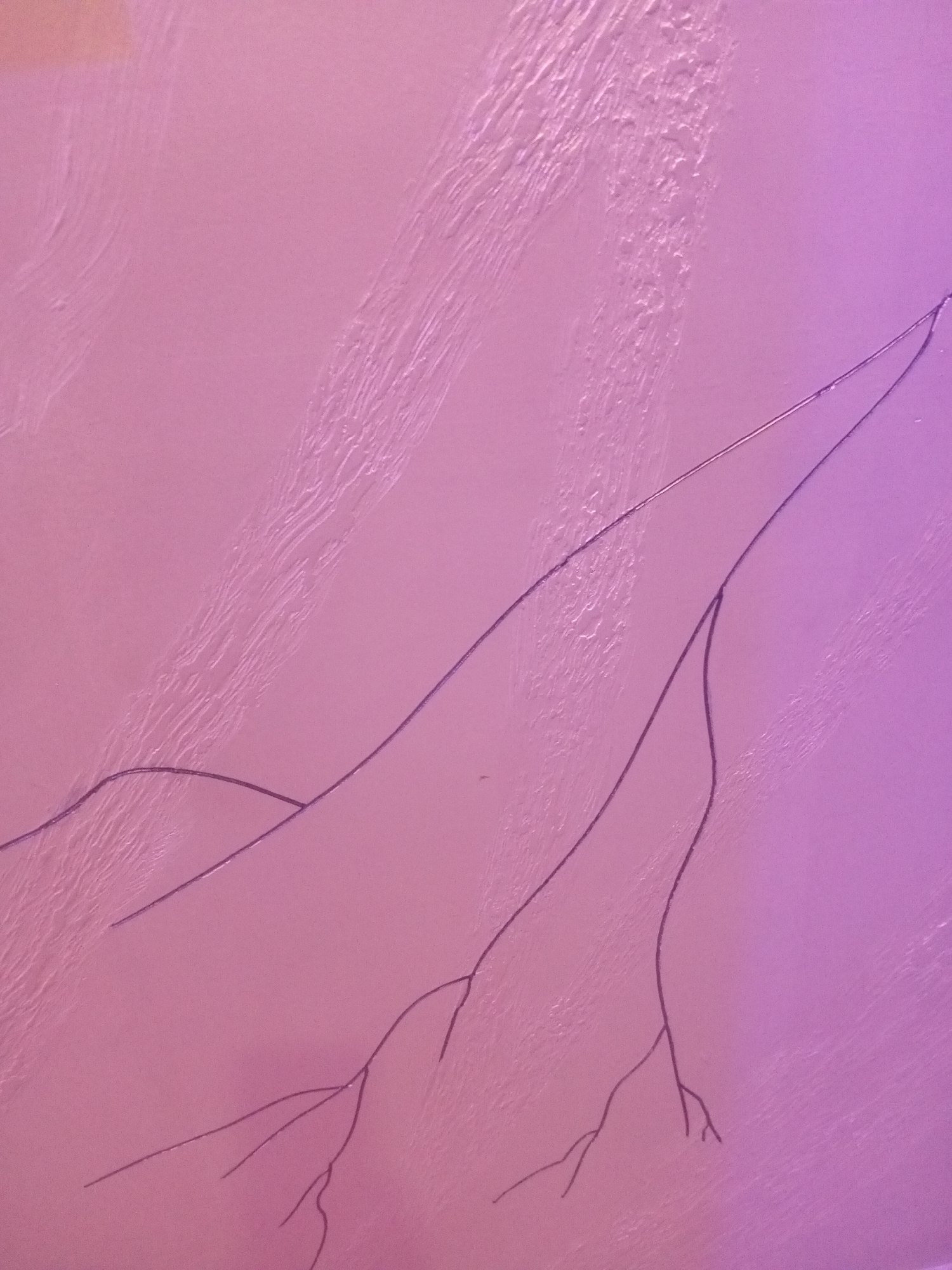 The image displays a pink textured surface, possibly a wall or a ceiling, with dark linear markings that resemble a drawing of tree roots or branches. The lighting in the image is a gradient of pink and purple, suggesting an artificial light source. There are no people, identifiable objects, or clear indications of a specific location, such as Sabon Gari East, Nigeria. The textured surface shows a pattern of ridges and valleys, adding depth to the visual. The drawing itself is abstract and organic in form.