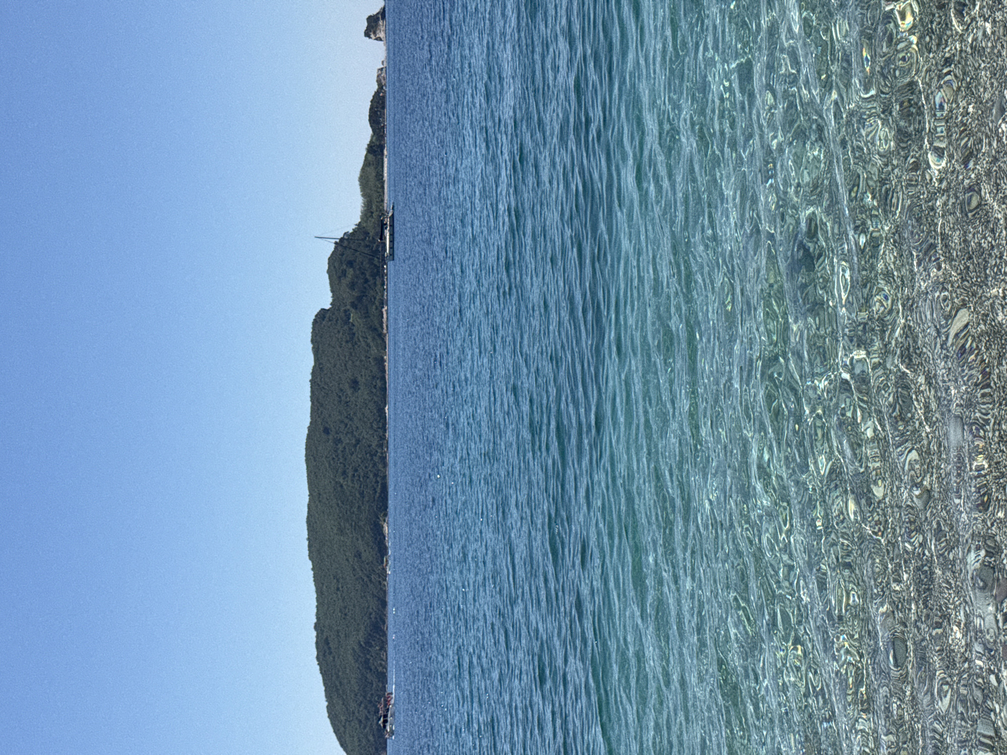The image depicts a coastal scene, likely near Budva, Montenegro, based on the landscape. The left of the frame showcases a clear, blue sky meeting a verdant, tree-covered coastline. Along the coast, there's evidence of human presence, possibly structures or vehicles. The majority of the image is dominated by the Adriatic Sea, with a gradient in color and clarity. Closer to the coast, the water appears deeper blue, transitioning to crystal clear shallows near the frame's right edge, revealing the seabed. The texture of the water's surface is visible, indicating slight ripples or waves.
