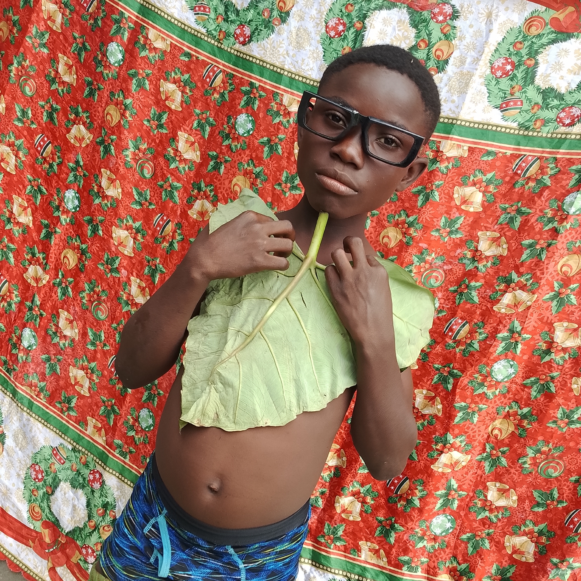 This media file features a young boy standing in front of a Christmas-themed backdrop. The backdrop is red with a repeating pattern of golden bells, holly, and snowflakes, bordered by green and white sections with images of Christmas wreaths.
The boy is wearing large black-framed glasses and blue and black patterned shorts. He has a large green leaf covering his chest, and his hands are placed near the leaf. His expression is neutral. The image appears to be taken indoors or in a shaded outdoor area, with the lighting suggesting it could be daytime. There is no visible text in the image. The location is identified as Ado, Nigeria.