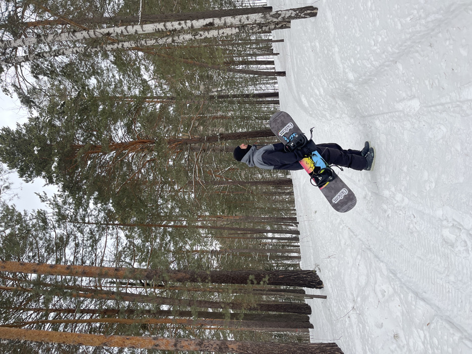 In a snow-covered forest in Sliznevo, Russia, a male individual stands facing right, holding a snowboard. He is dressed in a two-tone black and gray winter jacket, black pants, dark boots, and a black balaclava covering his head and lower face. The snowboard, held vertically with its nose upwards, is gray with "ChilDom" branding. It features black bindings with light blue accents, and a colorful graphic design in shades of pink, yellow, blue, and black is visible on its underside near the bindings. The individual stands on a snowy path marked with visible tracks, surrounded by numerous tall pine trees and several birch trees, under an overcast sky.