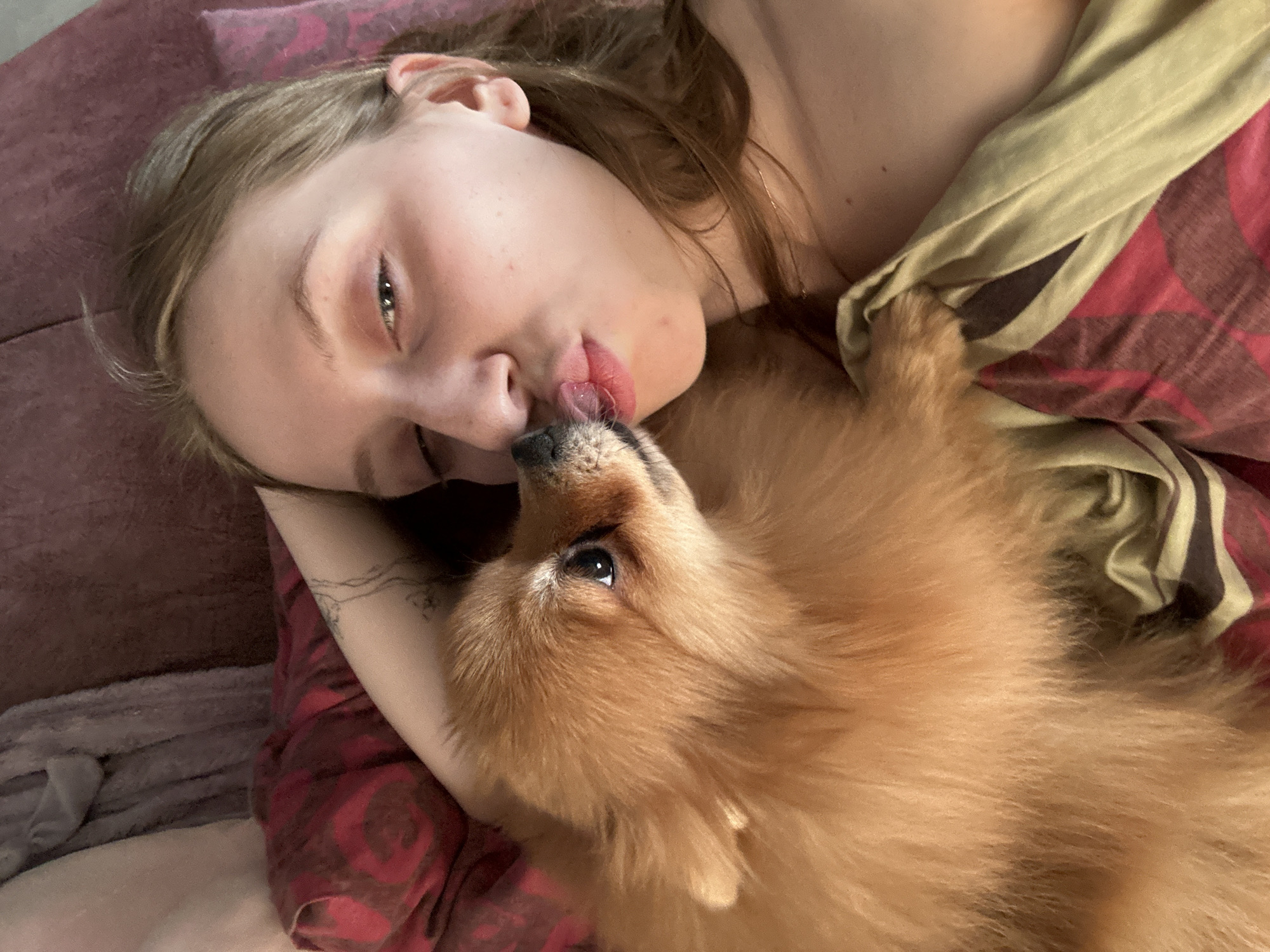 A fair-skinned young woman with light brown hair lies on a patterned pillow with a light-colored shirt draped partially over her. A Pomeranian dog, predominantly brown, is nestled close to her, licking her lips. An indiscernible tattoo is present on her left arm. The location is unspecified; the assertion that it is Chaikovsky, Russia, is unsupported by the image.