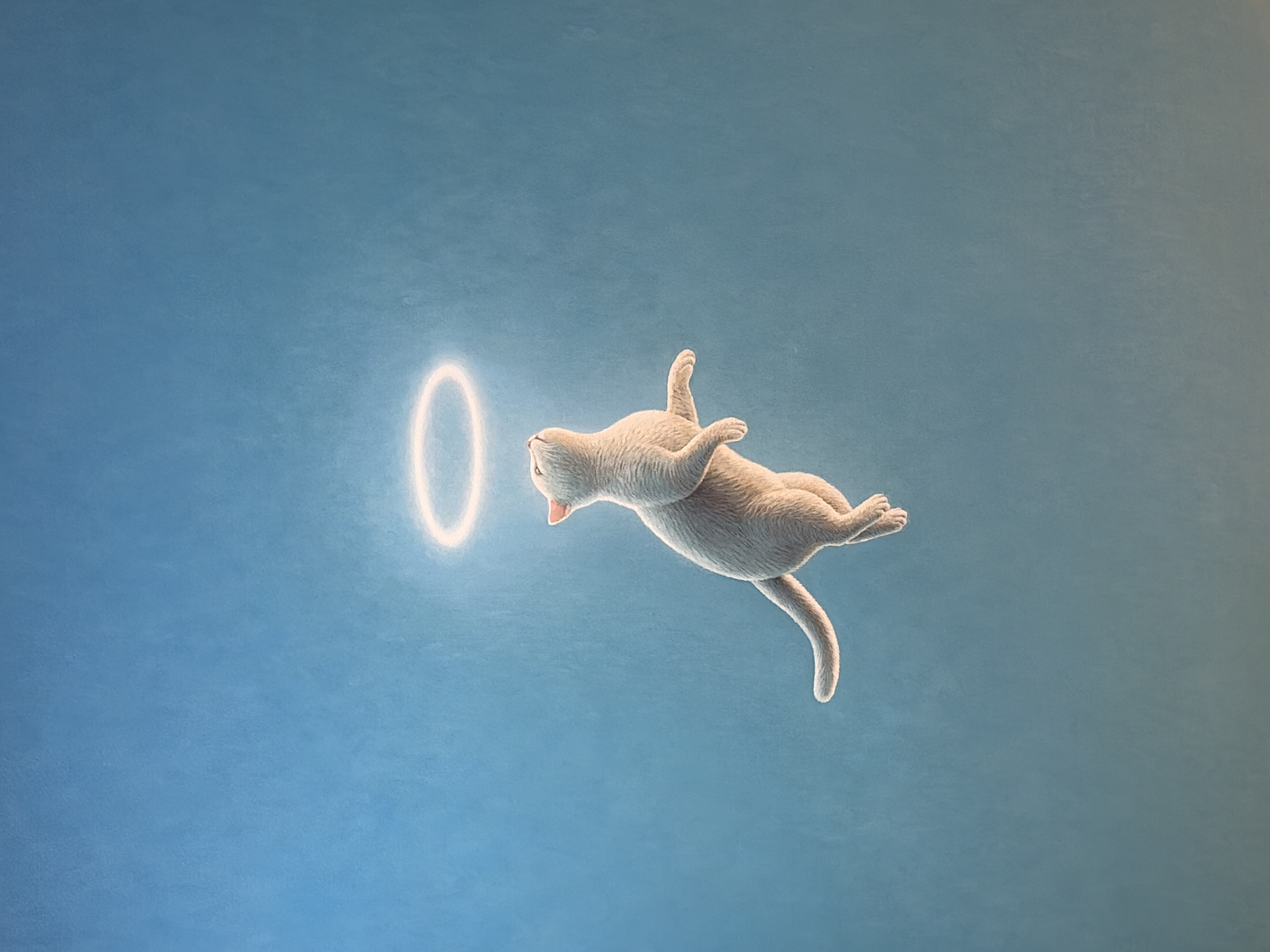 A pale-furred cat is depicted in mid-air, with its tongue slightly protruding. Its limbs are outstretched, and it appears to be oriented toward a glowing, circular halo positioned to the cat's left. The background is a gradient of light blue. The image does not appear to be taken in Bangkok, Thailand. There are no details indicative of such a location.