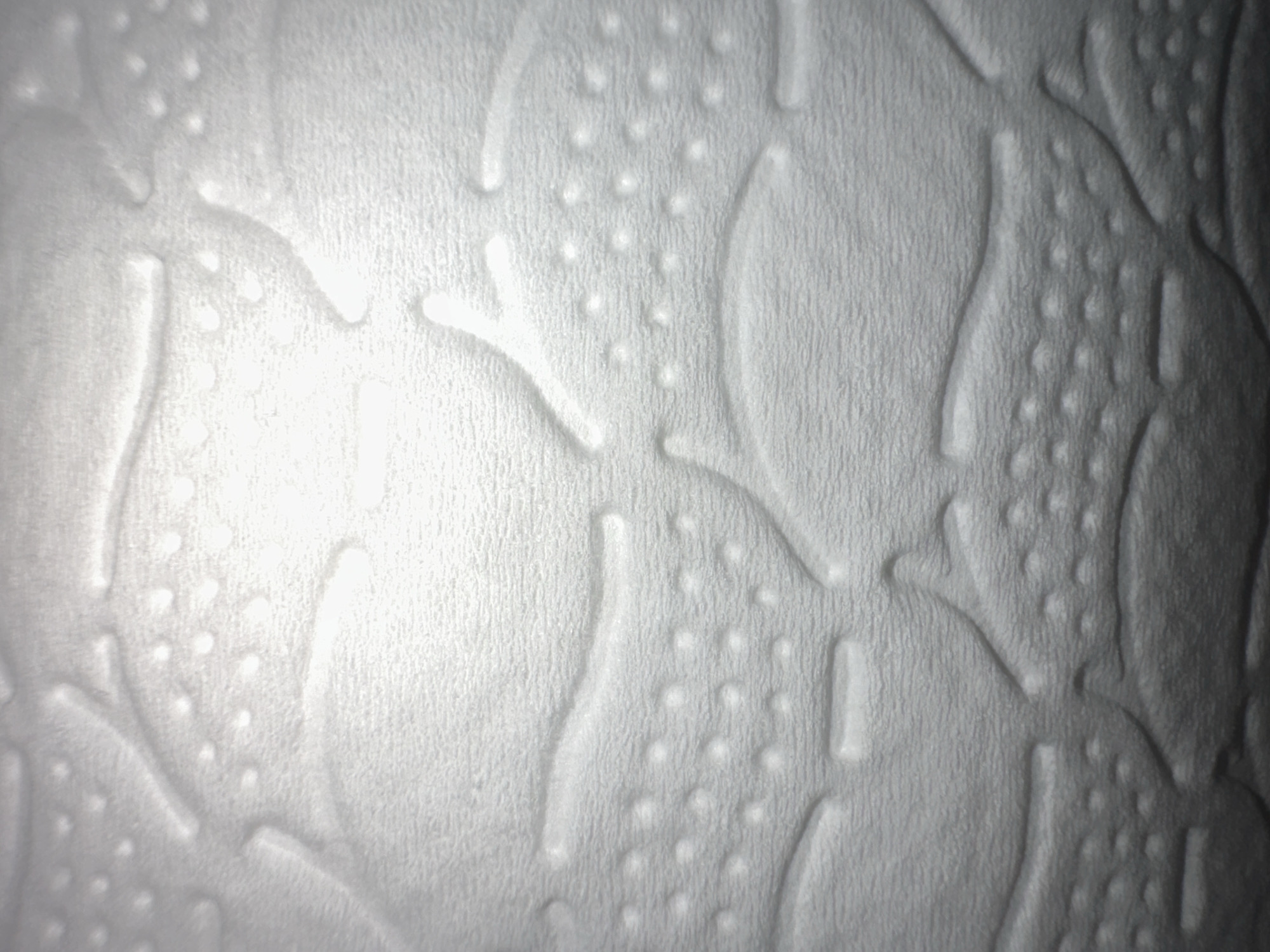 The image shows a close-up of a textured white surface, possibly wallpaper or fabric, with an embossed pattern of curved lines and small circular indentations. The lighting creates shadows that highlight the three-dimensional nature of the design, suggesting a raised pattern against a slightly textured background. There are no people, objects, or clear environmental context to indicate a specific location within Letterkenny, Ireland. The image focuses solely on the tactile and visual qualities of the material's surface.